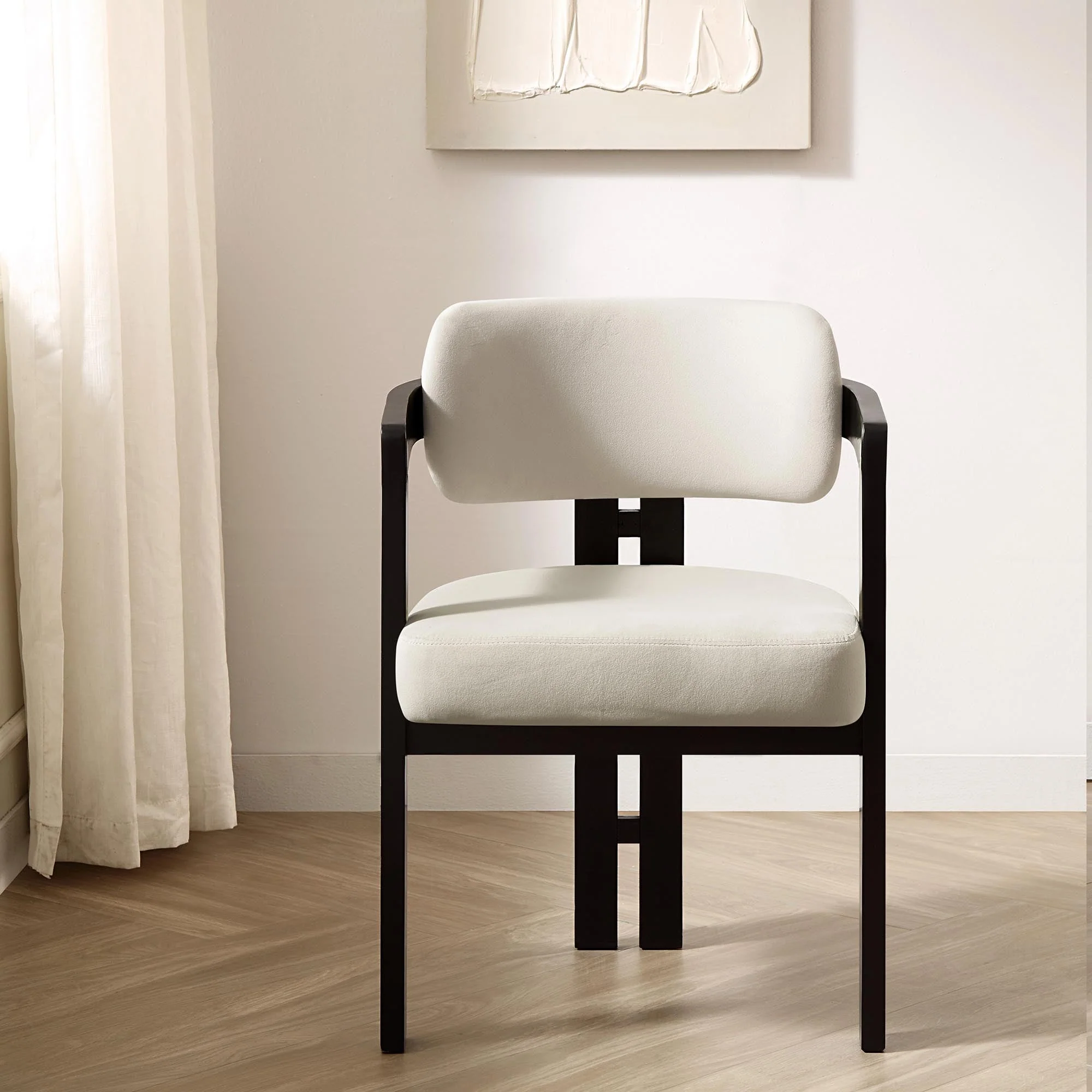 Stanford Curved Oak Frame Upholstered Chair, Champagne Velvet Black Frame - Image 2