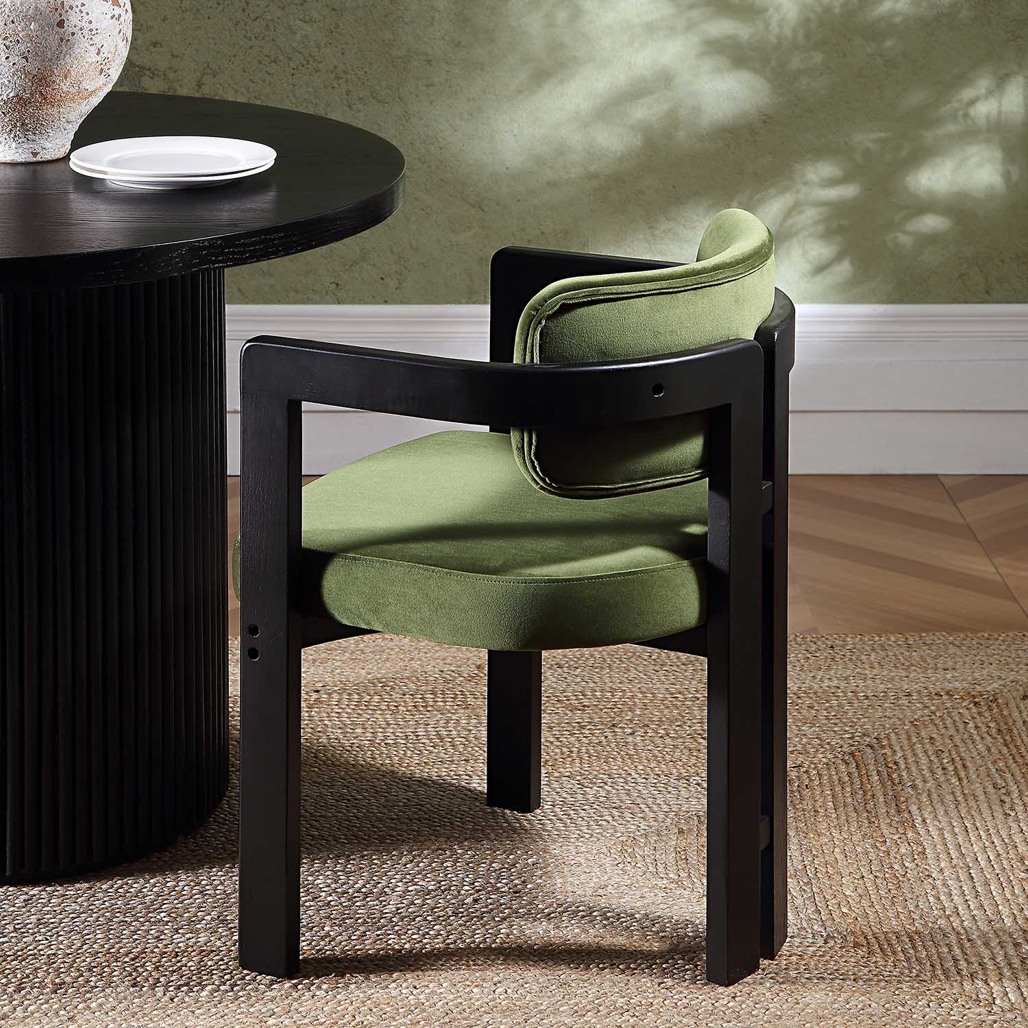 Stanford Curved Oak Frame Upholstered Chair, Moss Green Velvet Black Frame - Image 4