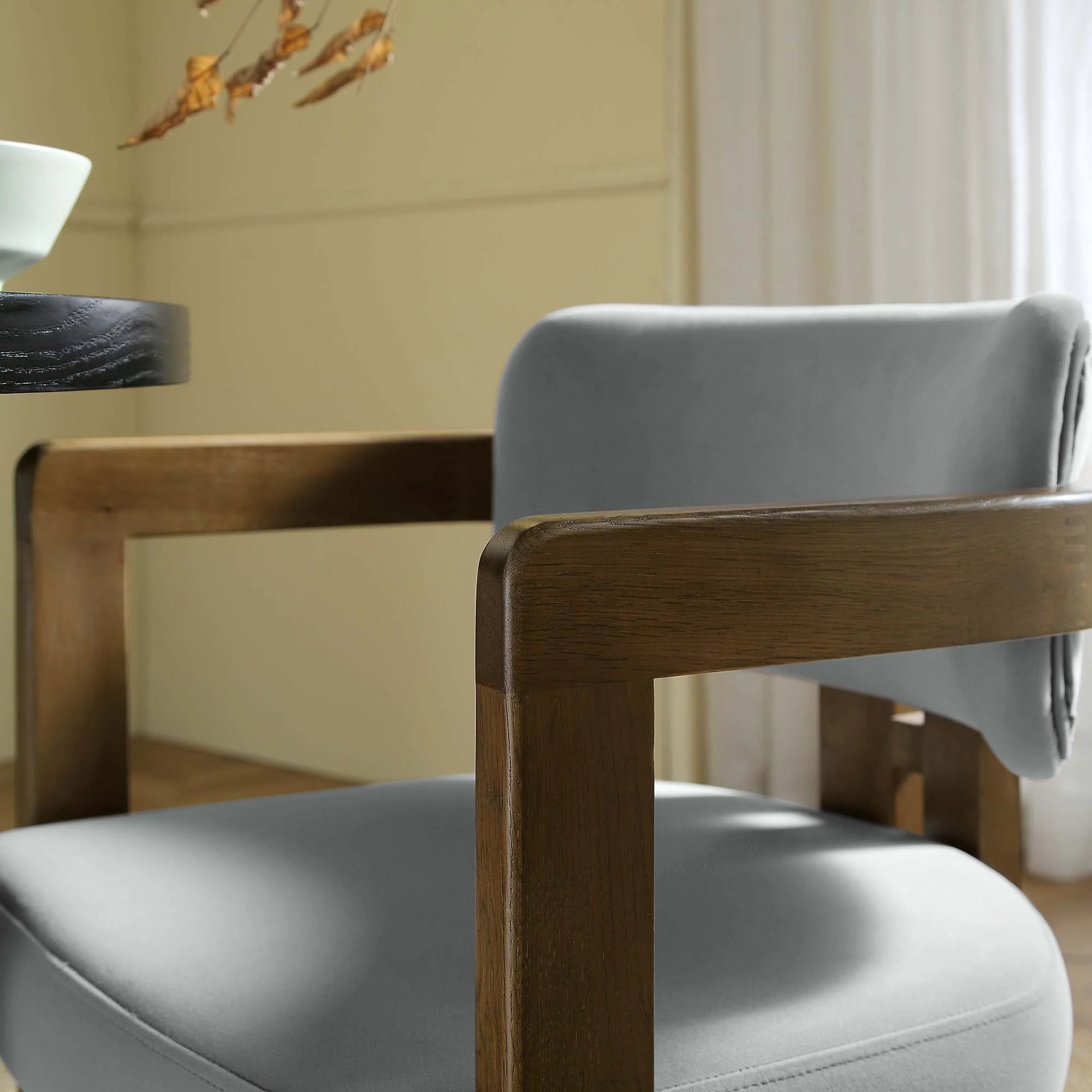 Stanford Curved Walnut Wood Frame Grey Velvet Chair - Image 3