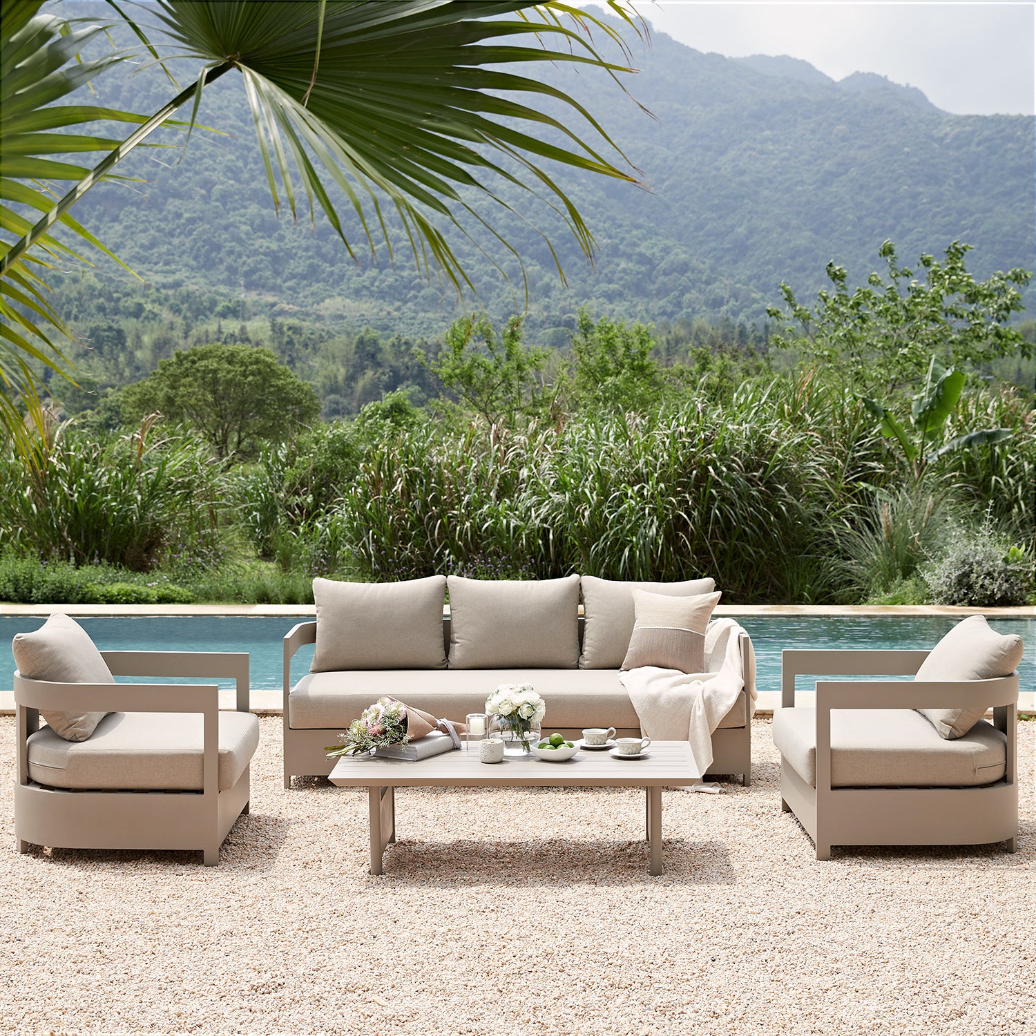 Stanford Outdoor 5-Seater Sofa Set, Taupe with Light Taupe Fabric - Image 2