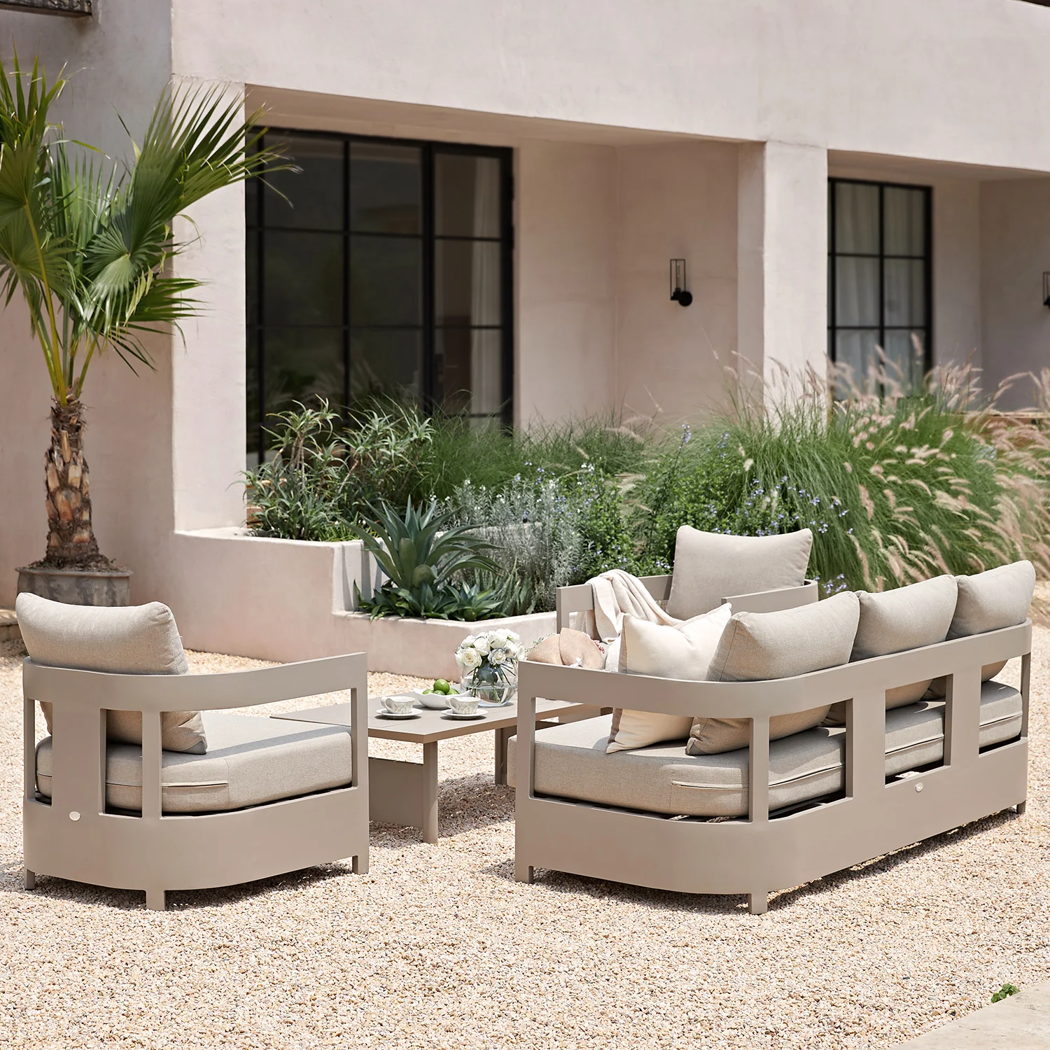 Stanford Outdoor 5-Seater Sofa Set, Taupe with Light Taupe Fabric - Image 4