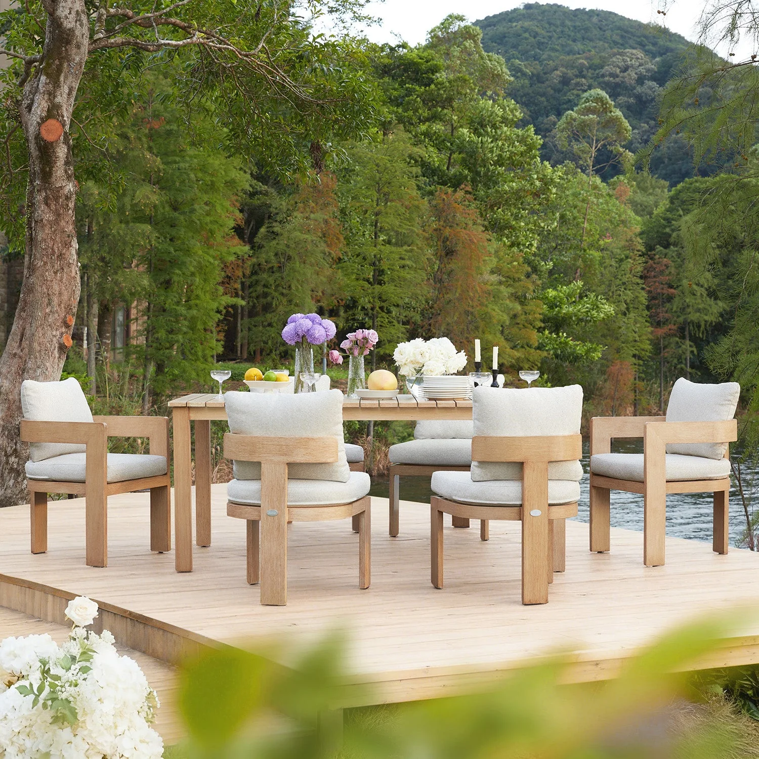 Stanford Outdoor 6-Seater Rectangular Dining Set, Natural with Beige Boucle Fabric - Image 2