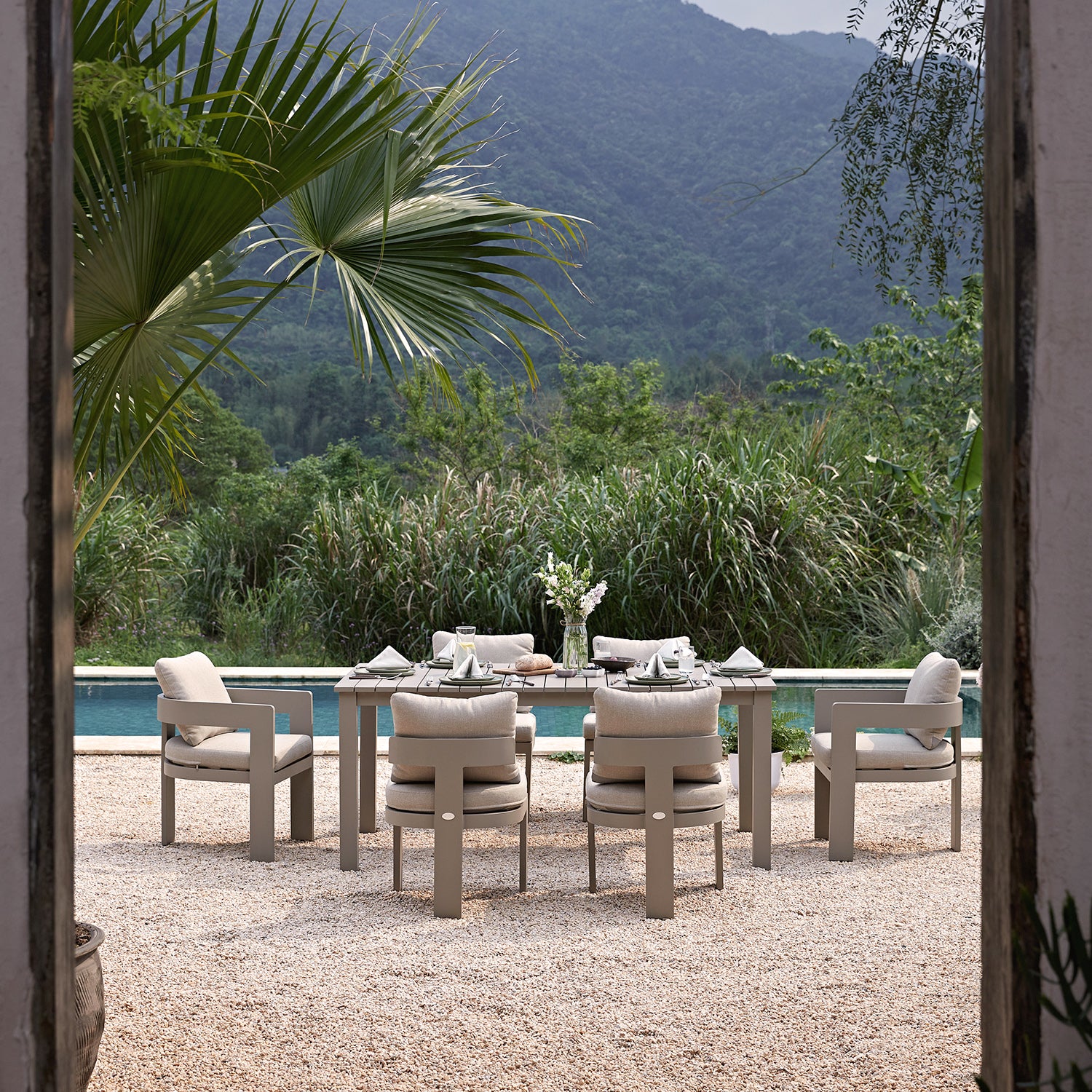 Stanford Outdoor 6-Seater Rectangular Dining Set, Taupe with Light Taupe Fabric - Image 3