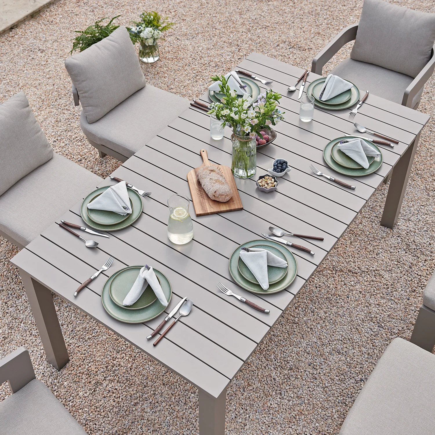 Stanford Outdoor 6-Seater Rectangular Dining Set, Taupe with Light Taupe Fabric - Image 4