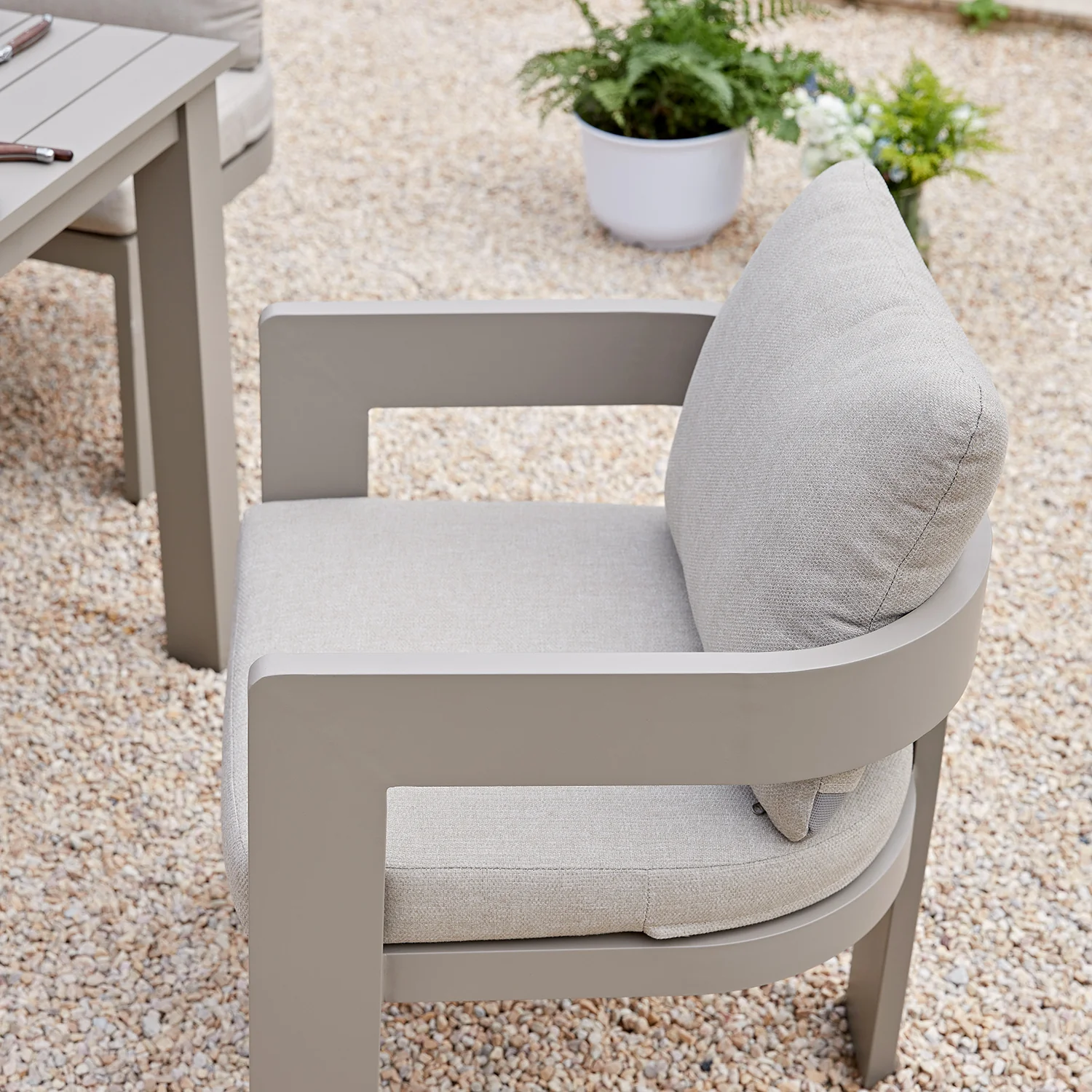 Stanford Outdoor 6-Seater Rectangular Dining Set, Taupe with Light Taupe Fabric - Image 6
