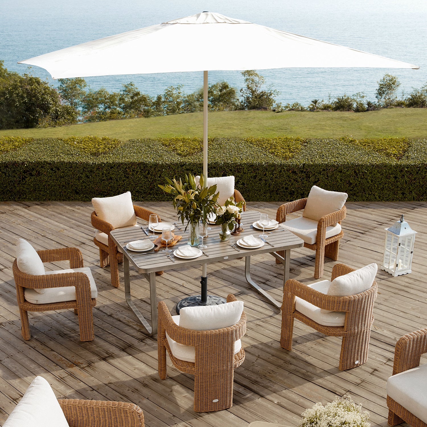 Stanford Round Wicker Outdoor 6-Seater Rectangular Dining Set, Natural - Image 3