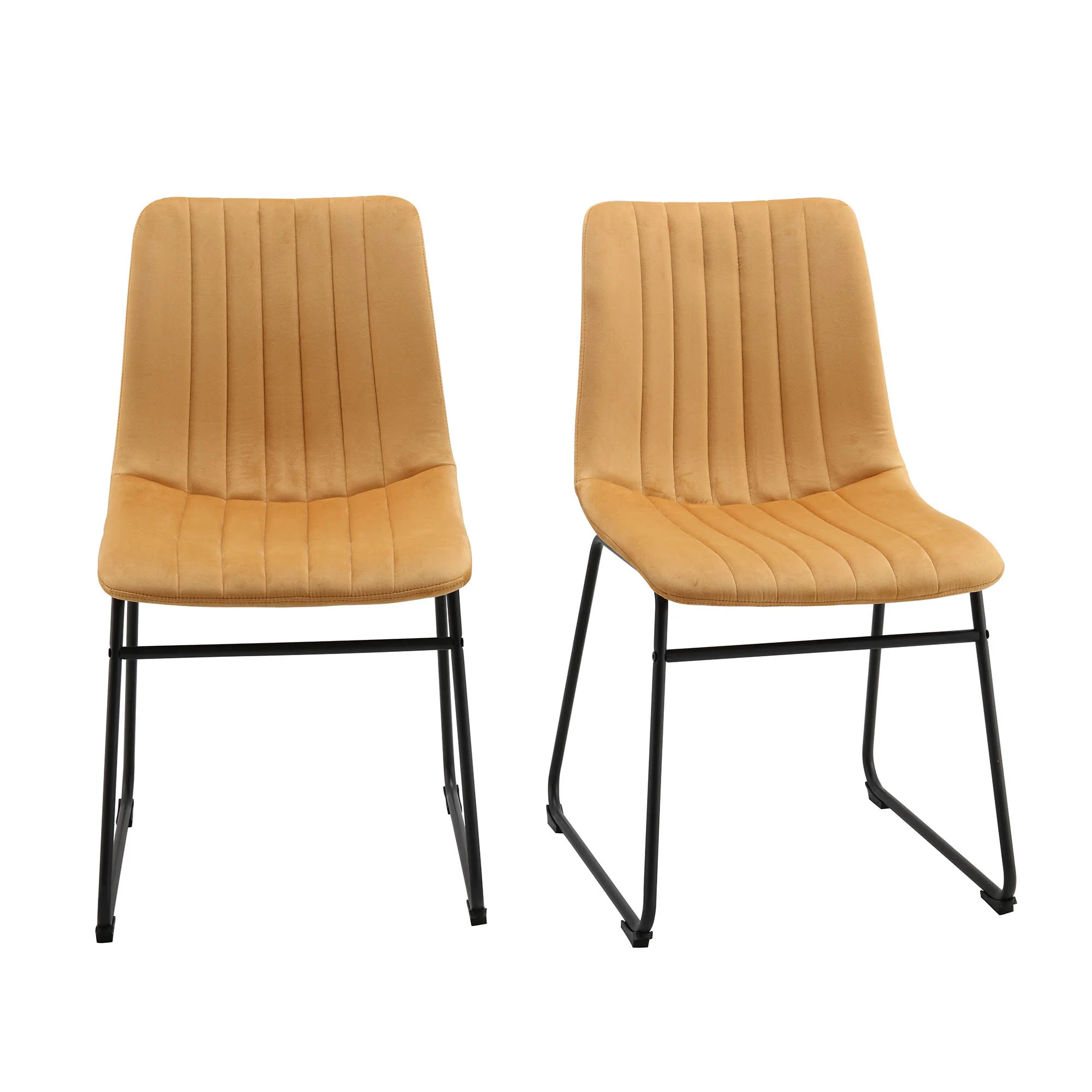 Sutton Set of 2 Mustard Yellow Velvet Fabric Fluted Dining Chairs with Metal Frame - Image 2