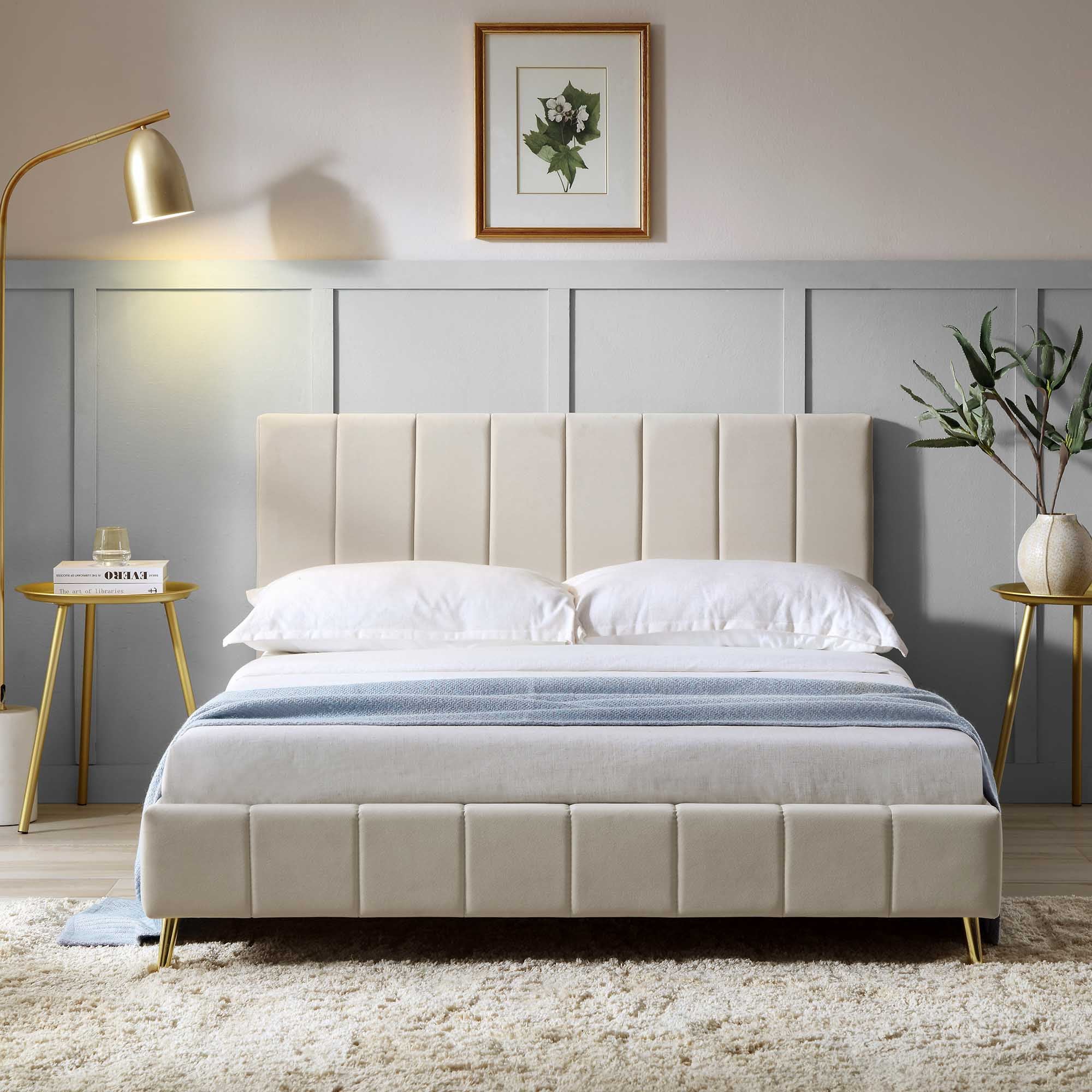 Sylvie Velvet Upholstered Bed Frame with Golden Chrome Legs, Champagne Velvet - Image 2