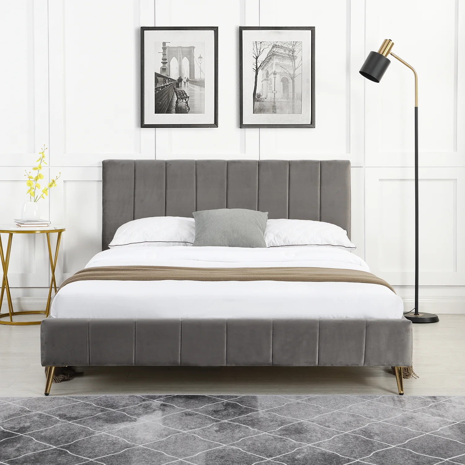 Sylvie Velvet Upholstered Bed Frame with Golden Chrome Legs (Grey) - Image 2