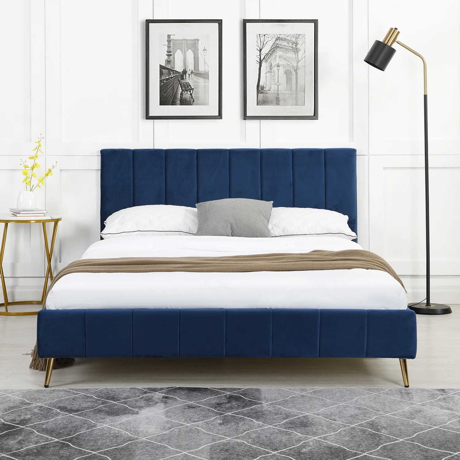 Sylvie Velvet Upholstered Bed Frame with Golden Chrome Legs, Navy Velvet - Image 2