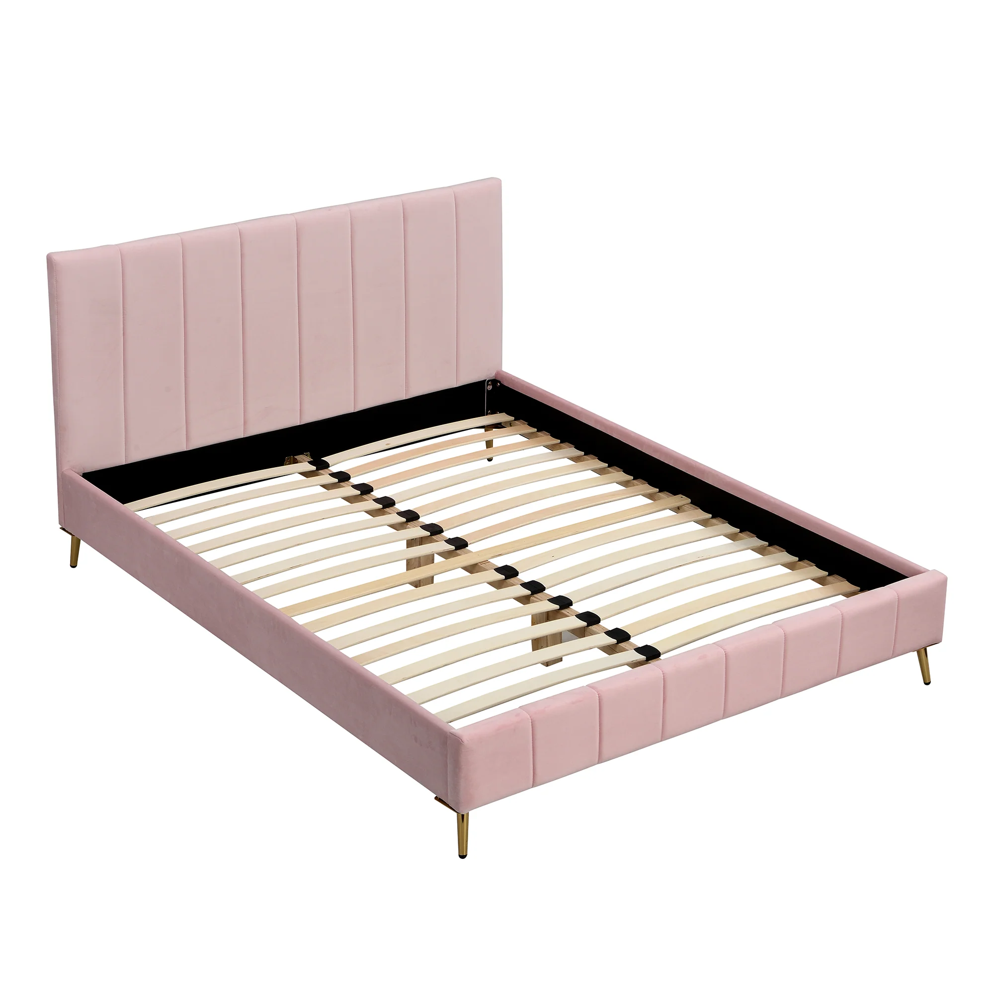 Sylvie Velvet Upholstered Bed Frame with Golden Chrome Legs, Pink Velvet - Image 3