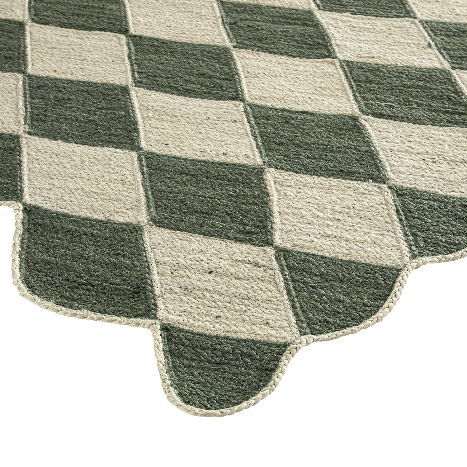 Tabitha Harlequin Diamond Scallop Olive Green & Bleached Jute Hand Braided Rug - Image 4