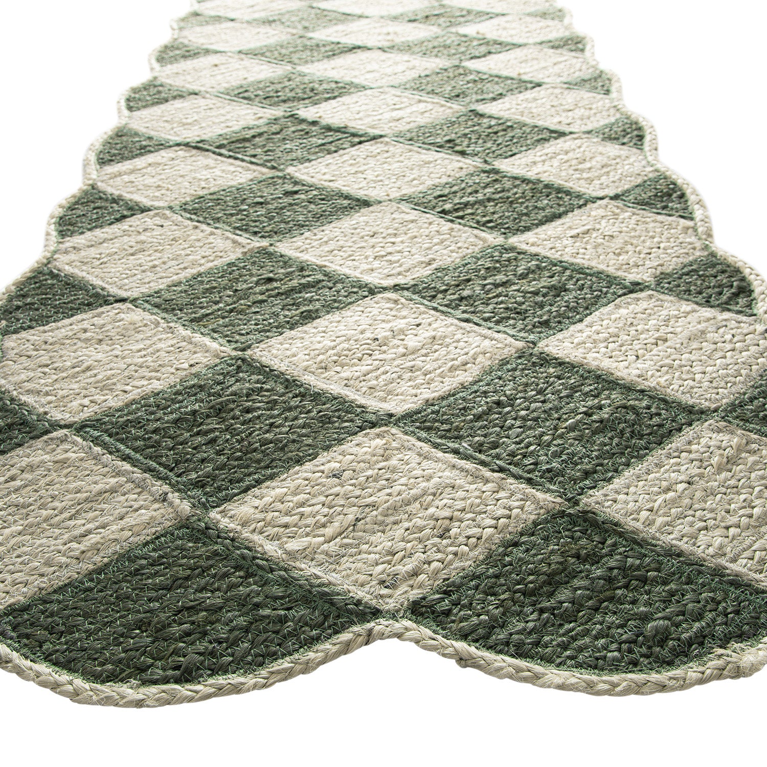 Tabitha Harlequin Diamond Scallop Olive Green & Bleached Jute Hand Braided Runner - Image 3