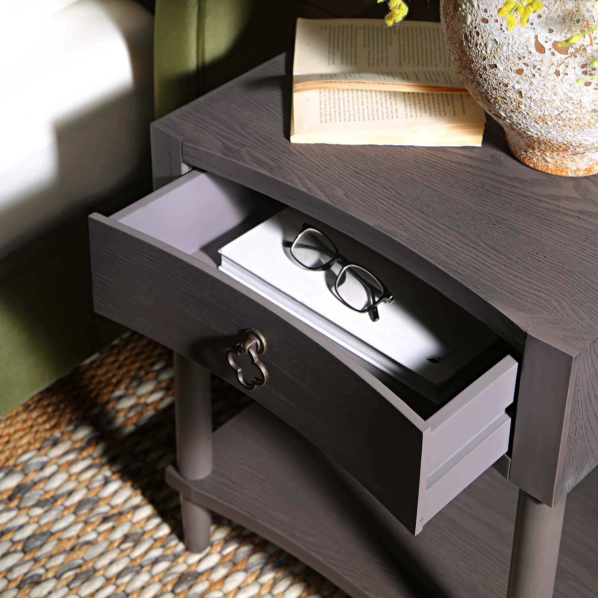 Thalia Concave 1 Drawer Bedside Table, Silver Oak - Image 3
