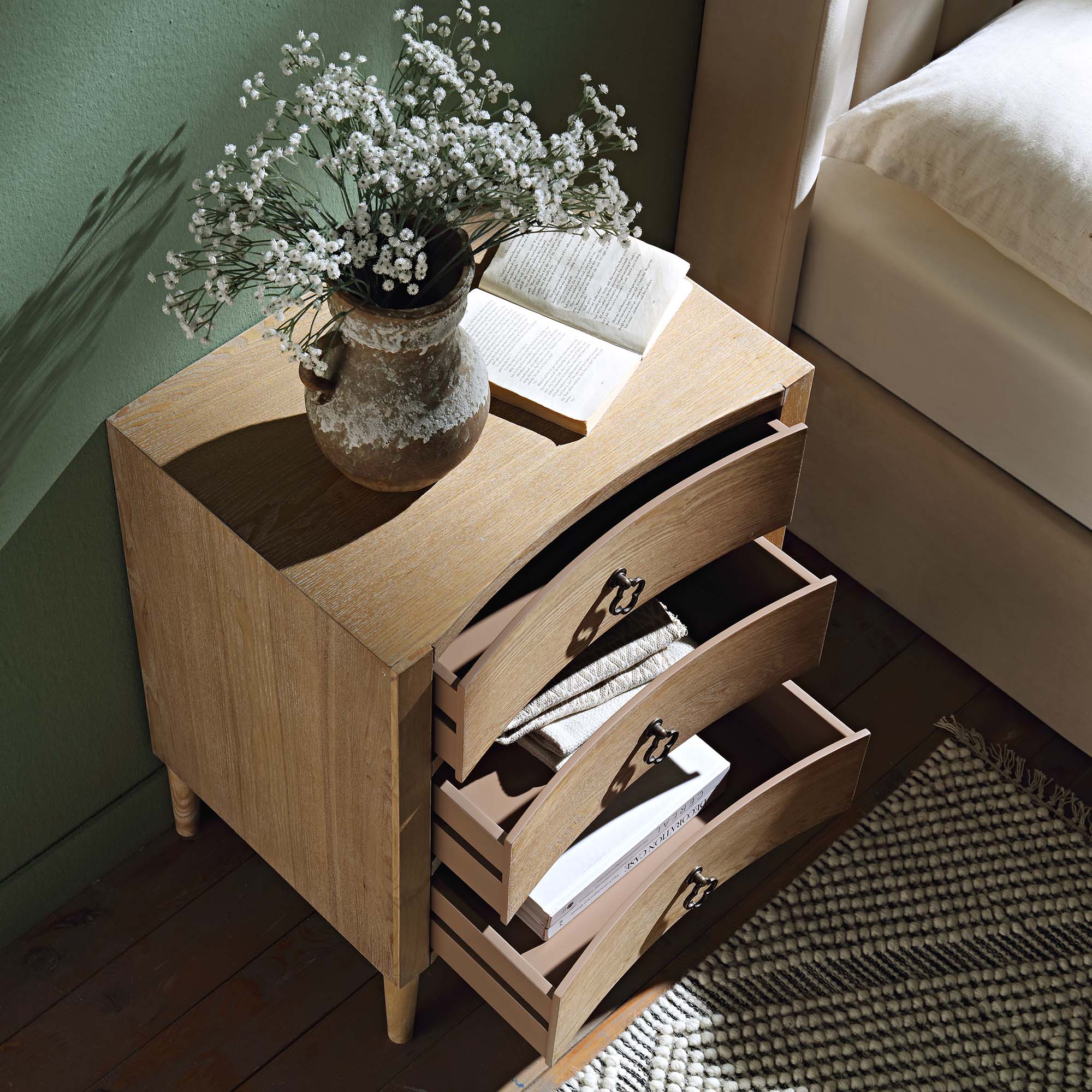 Thalia Concave 3 Drawer Bedside Table, Natural - Image 3