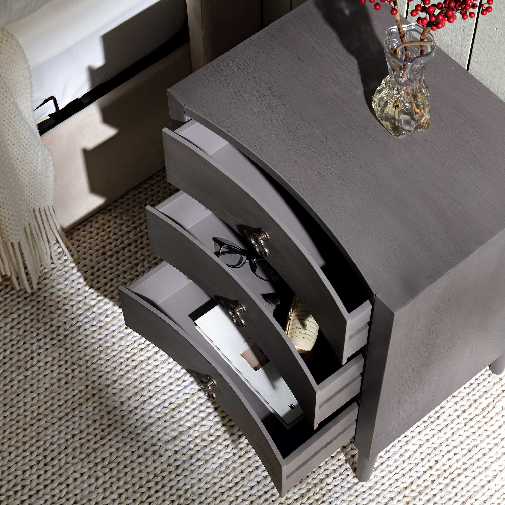 Thalia Concave 3 Drawer Bedside Table, Silver Oak - Image 3