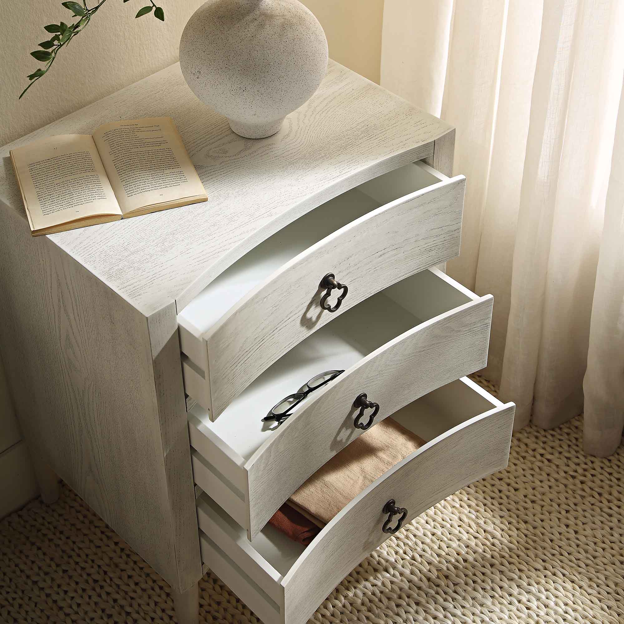 Thalia Concave 3 Drawer Bedside Table, Washed White - Image 3