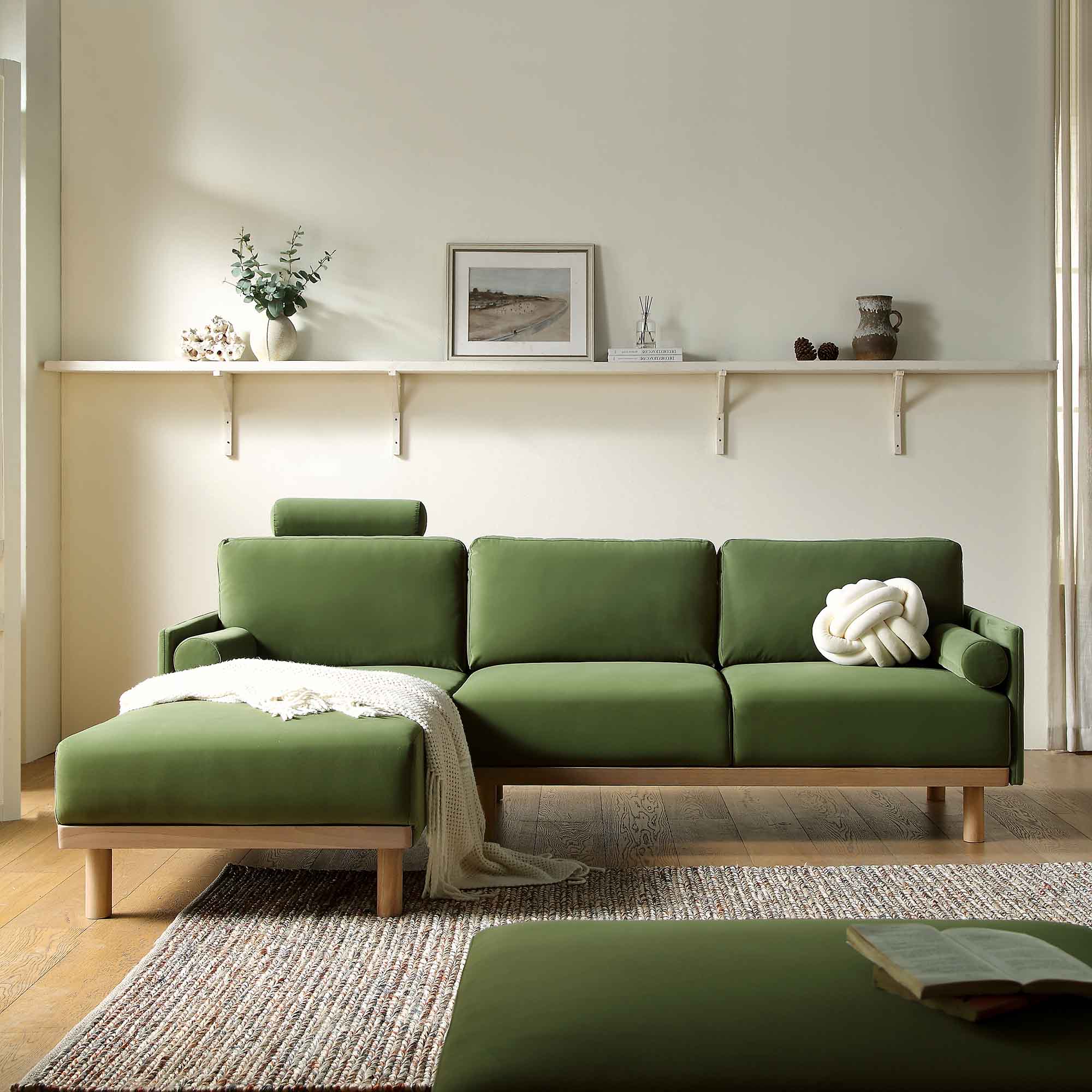 Timber Fern Green Velvet Sofa, Large 3-Seater Chaise Sofa Left Hand Facing - Image 2