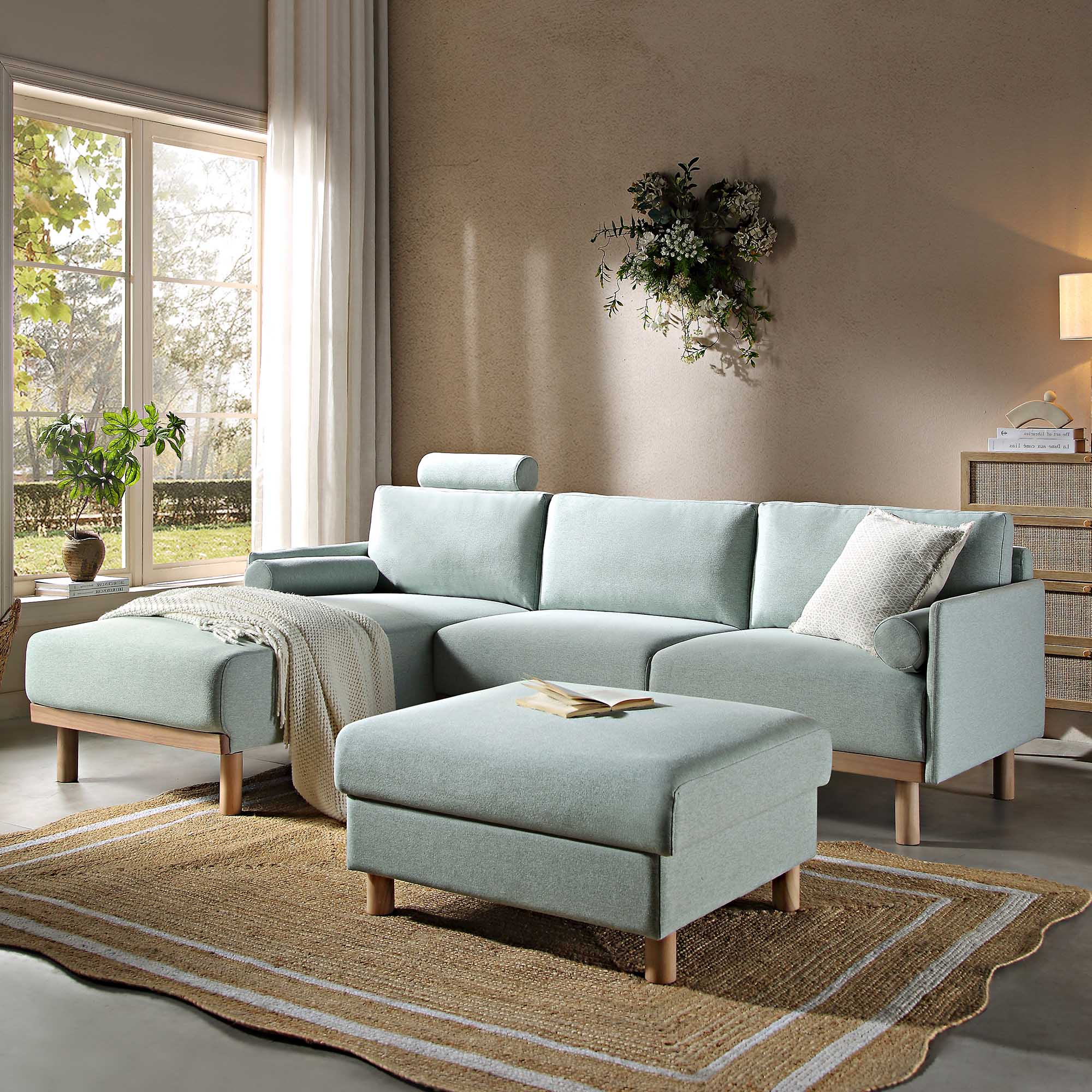 Timber Sage Green Fabric Sofa, Large 3-Seater Chaise Sofa Left Hand Facing