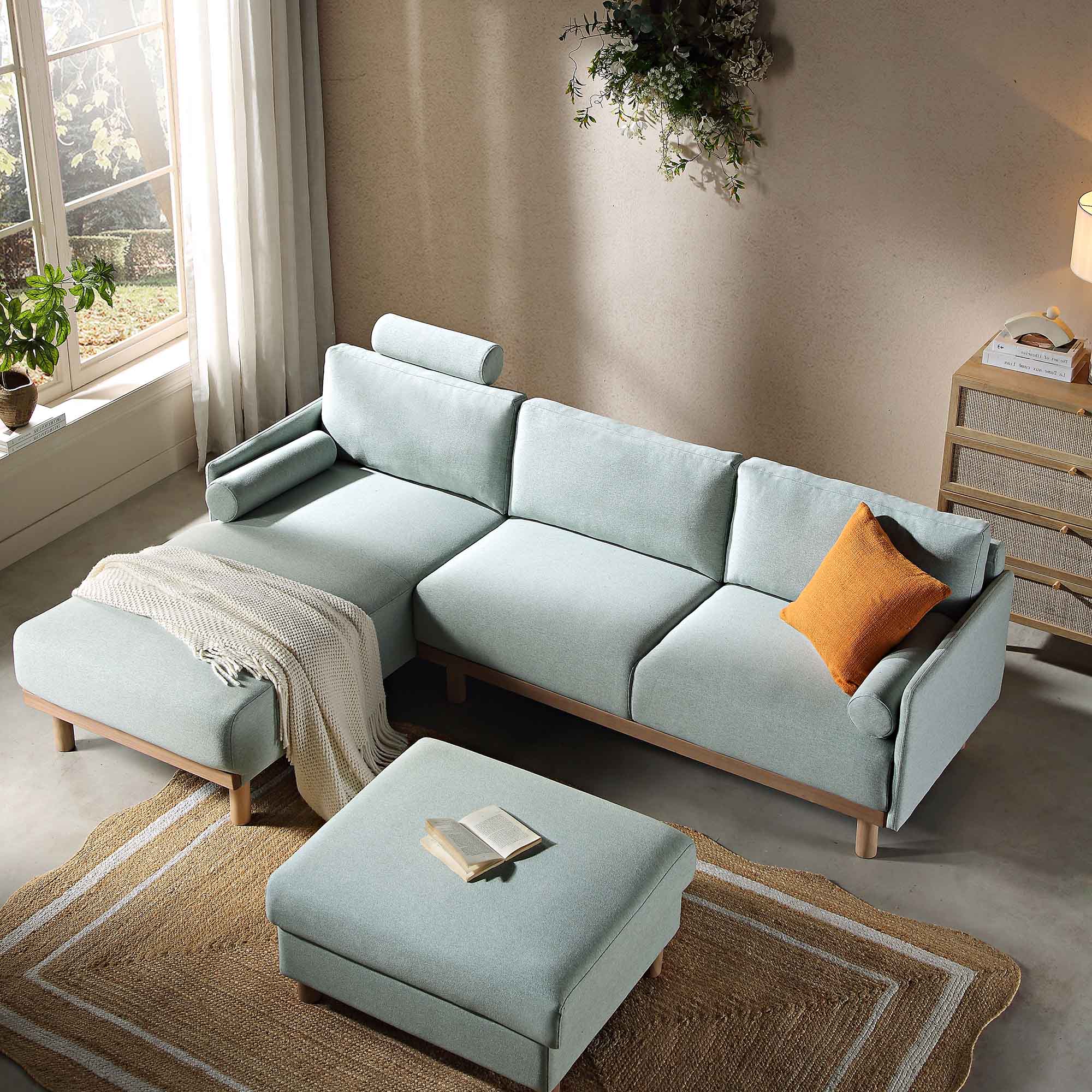 Timber Sage Green Fabric Sofa, Large 3-Seater Chaise Sofa Left Hand Facing - Image 3