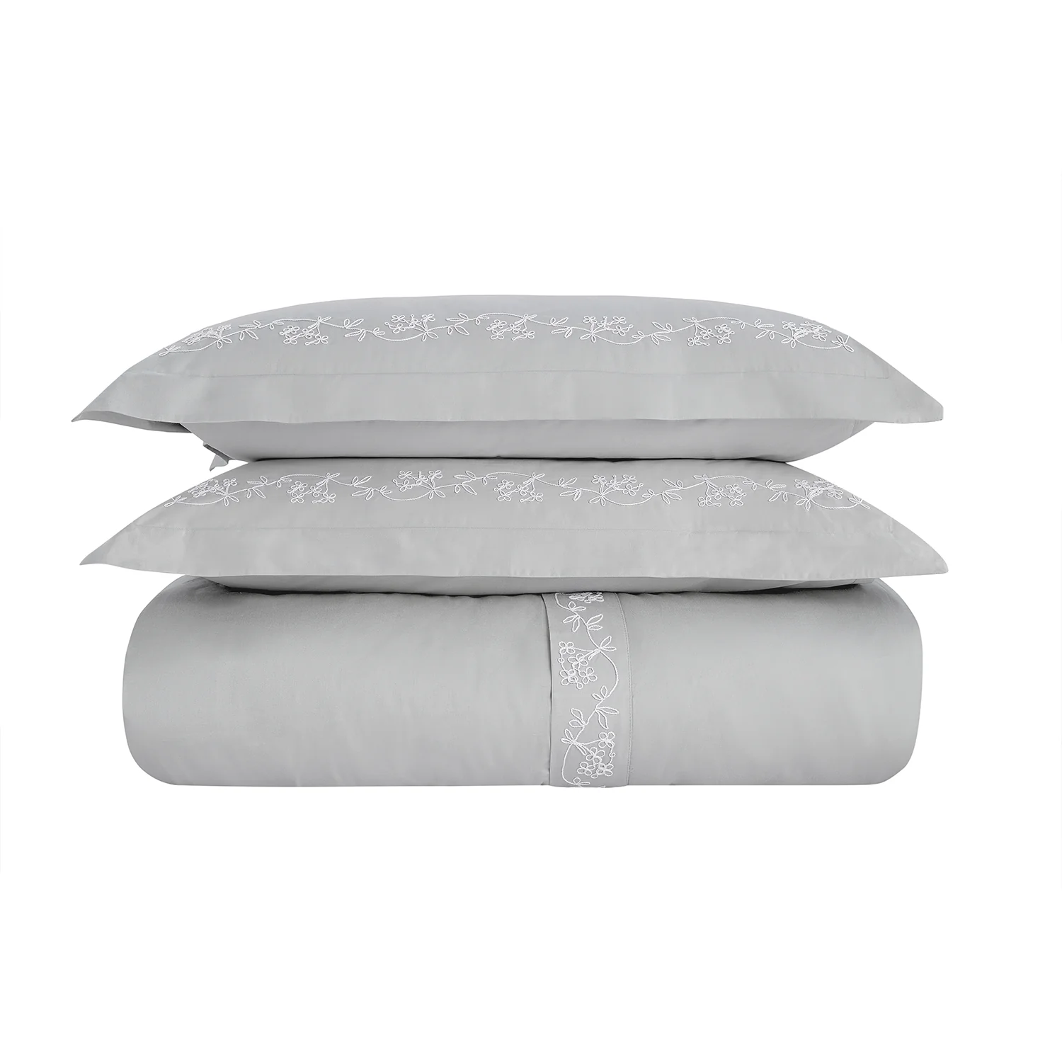 Valentina Grey Floral Embroidered 600 Thread Count Cotton Sateen Duvet Set - Image 2