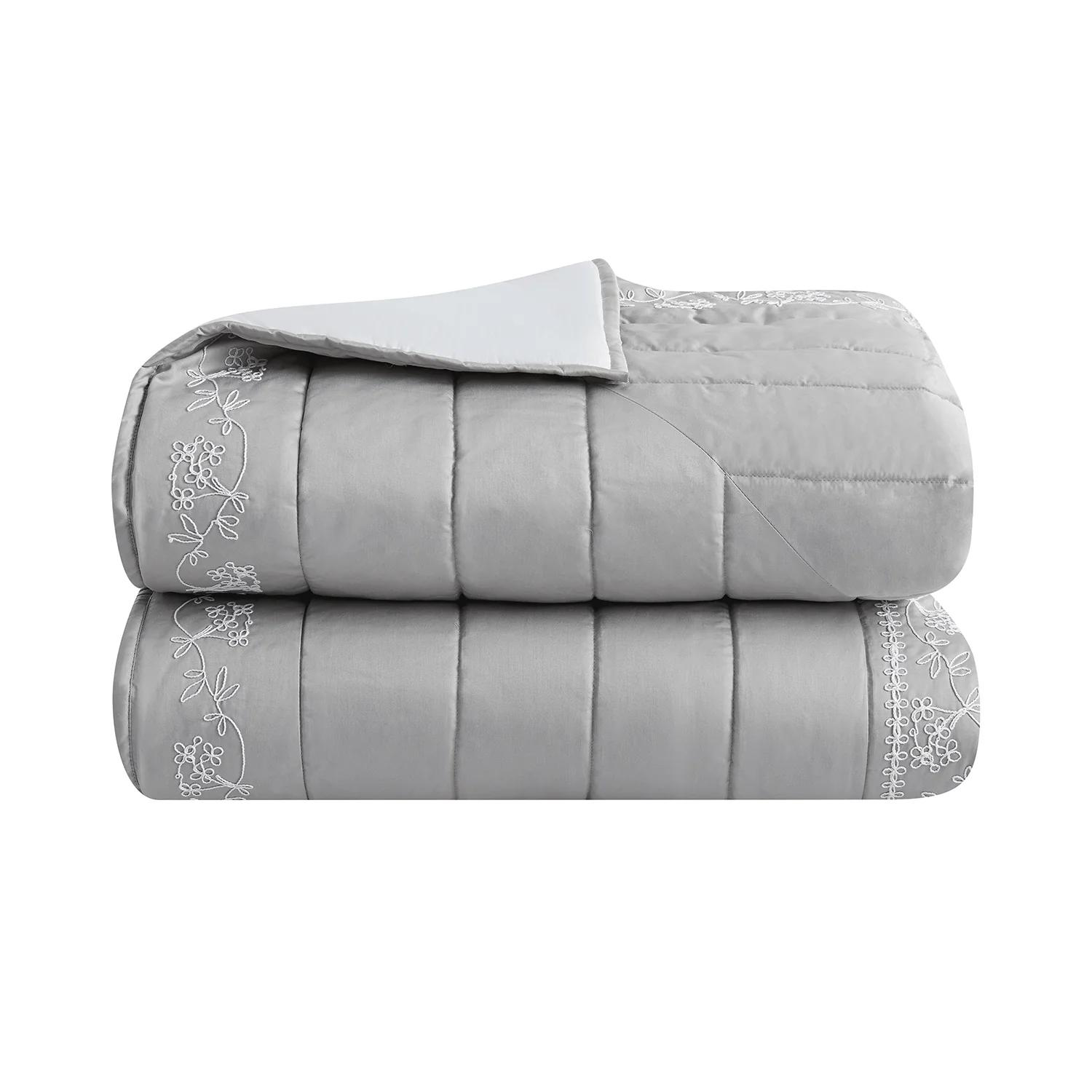 Valentina Grey Floral Embroidered Quilted 600 Thread Count Cotton Sateen Bedspread - Image 2
