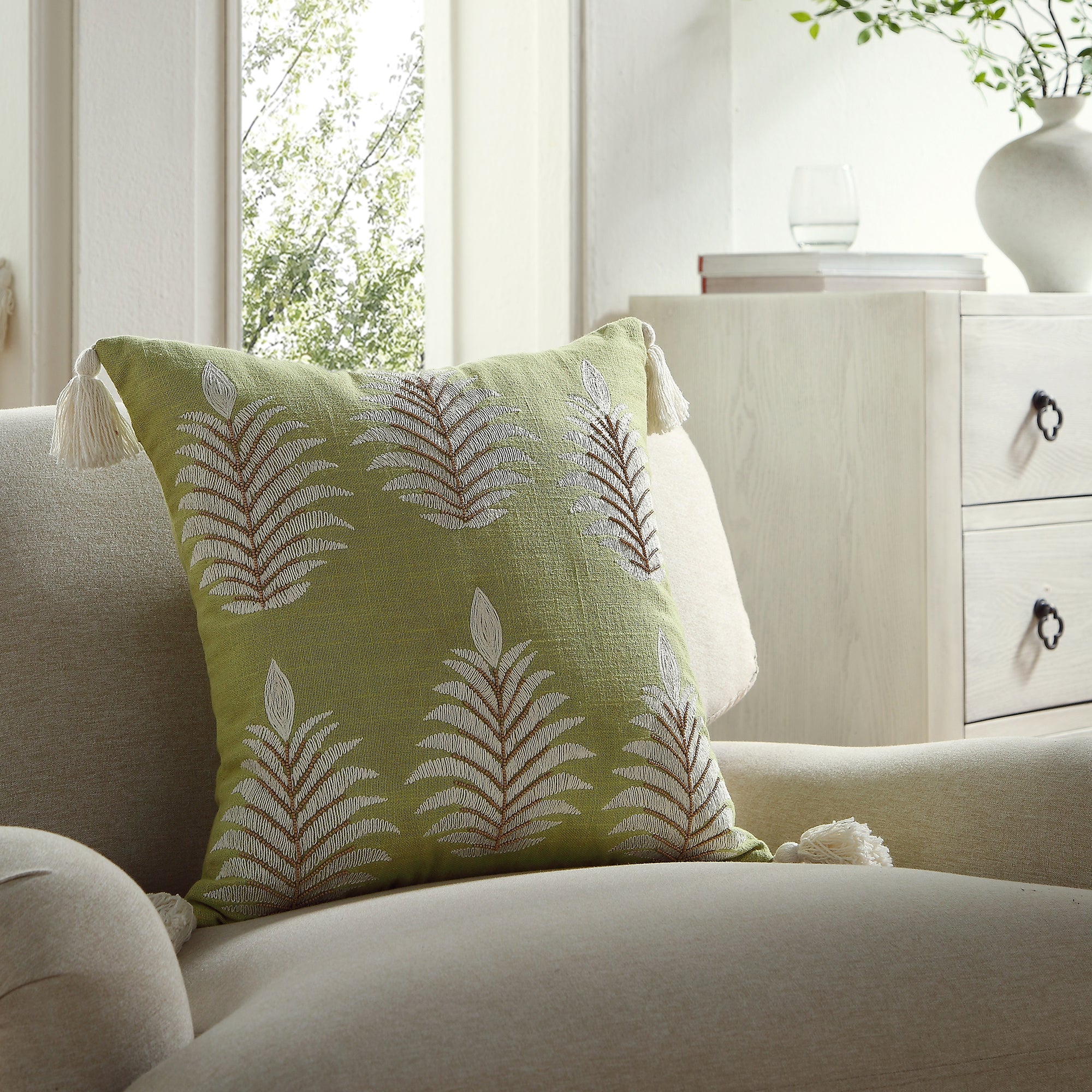 Vine Collection Green Palms Hand Embroidered Beaded Cushion - Image 2