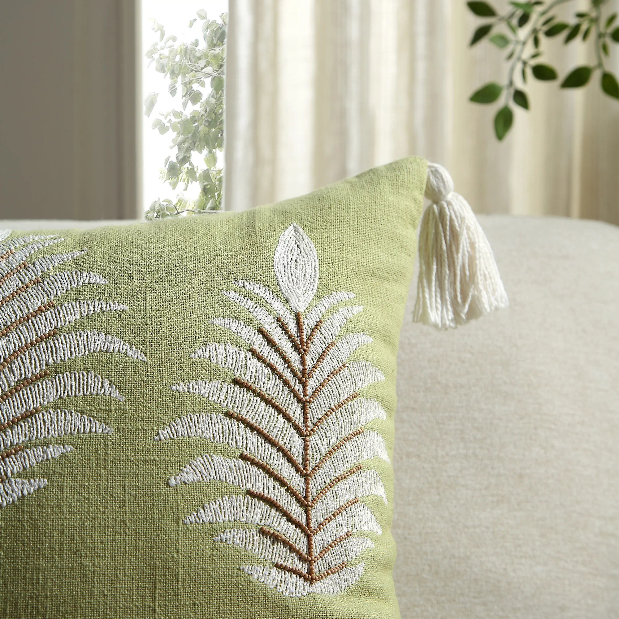 Vine Collection Green Palms Hand Embroidered Beaded Cushion - Image 3
