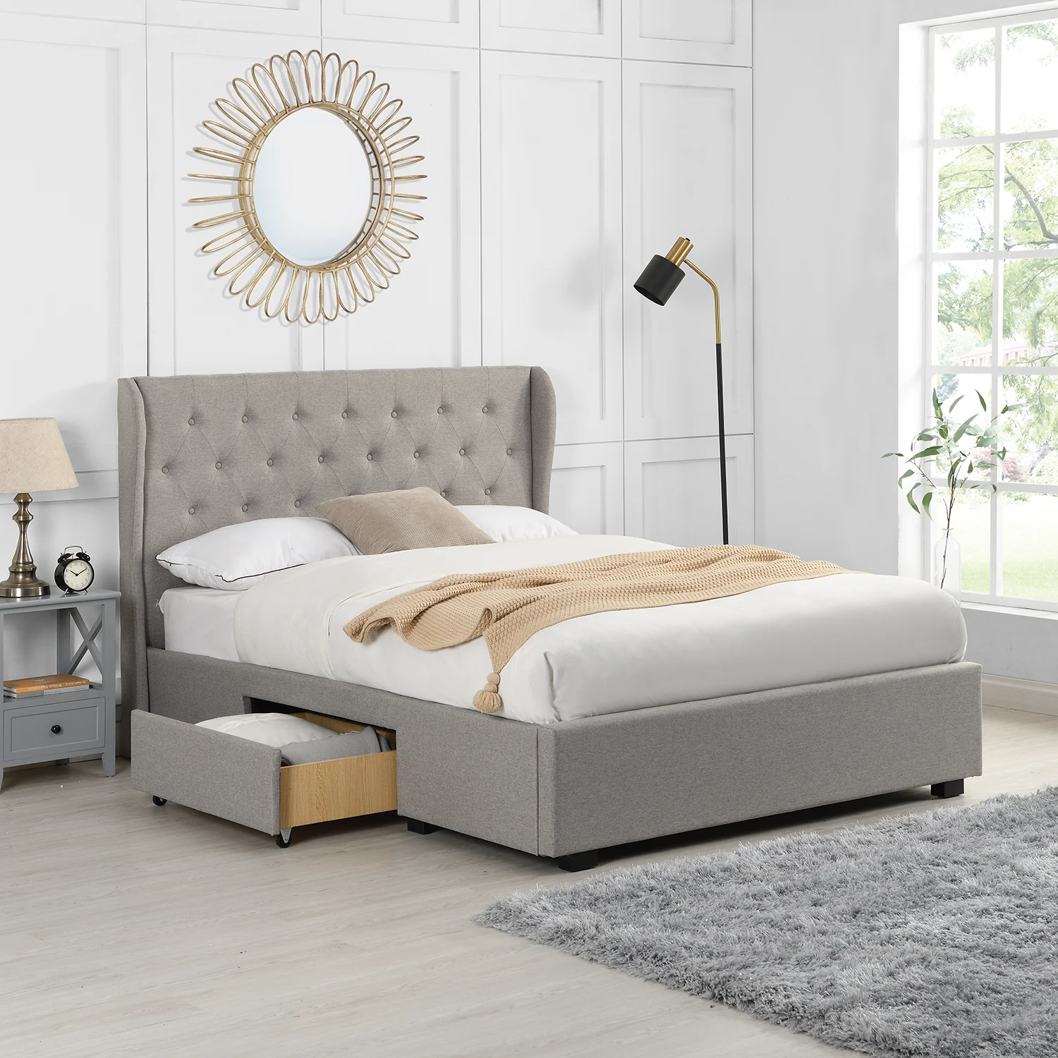 Weston Buttoned Wing Back Upholstered 2-Drawer Storage Bed (Grey Fabric) - Image 2