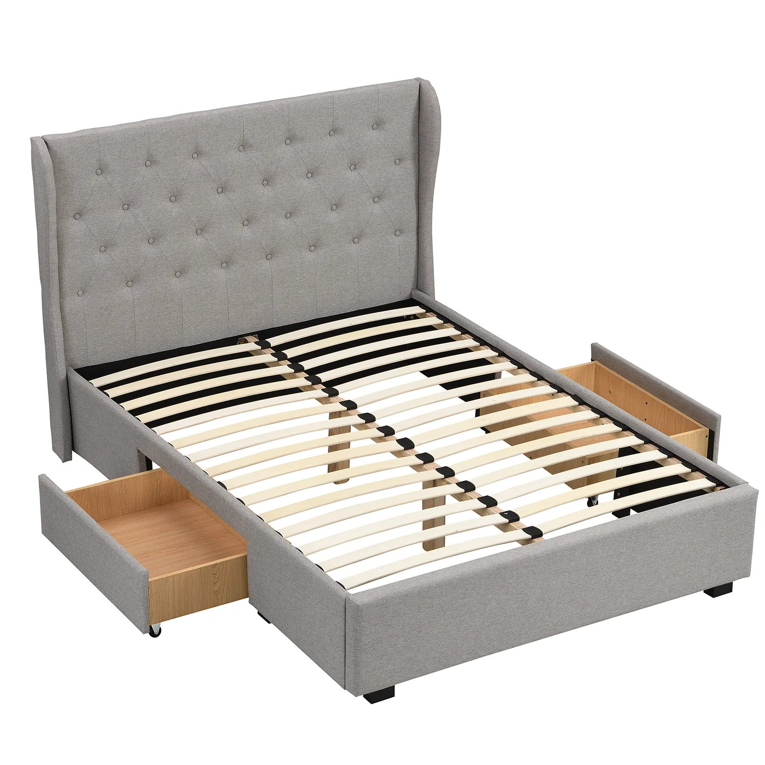 Weston Buttoned Wing Back Upholstered 2-Drawer Storage Bed (Grey Fabric) - Image 6