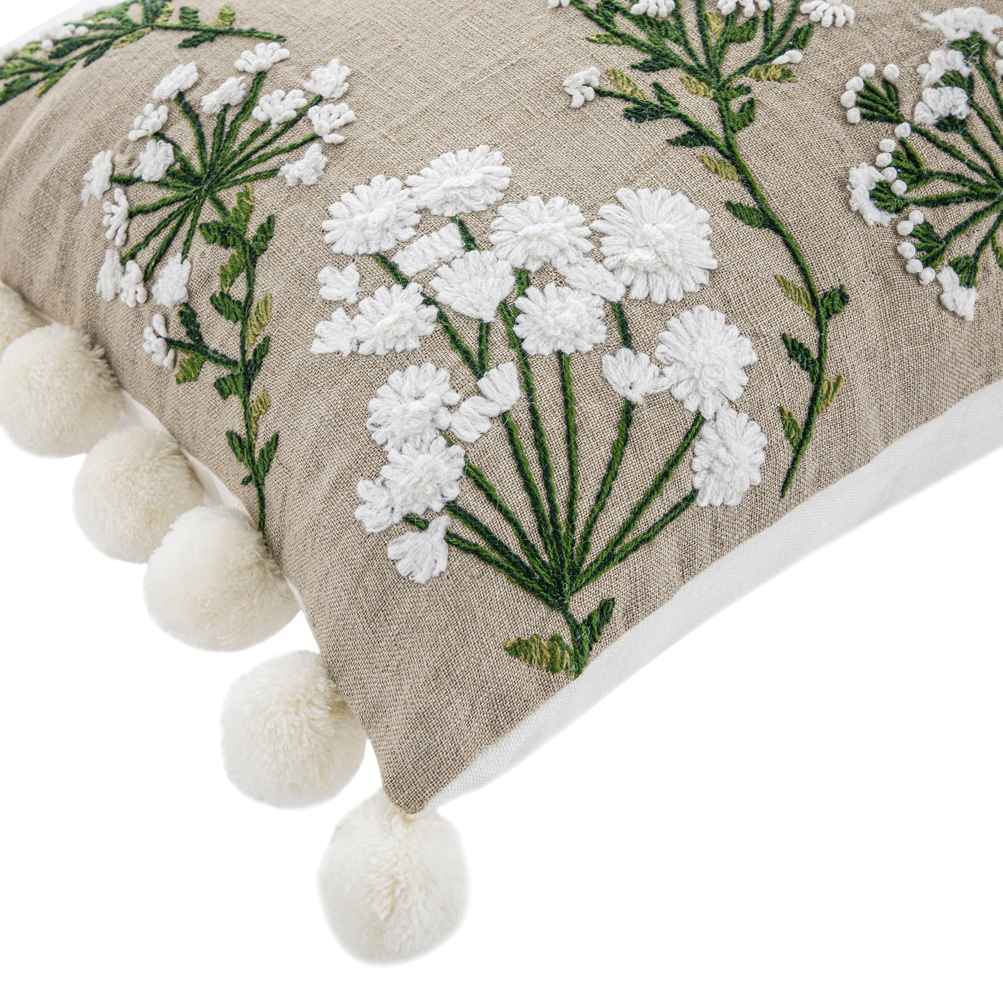 Country Collection Wildflower Rectangular Linen Pom Pom Cushion - Image 7