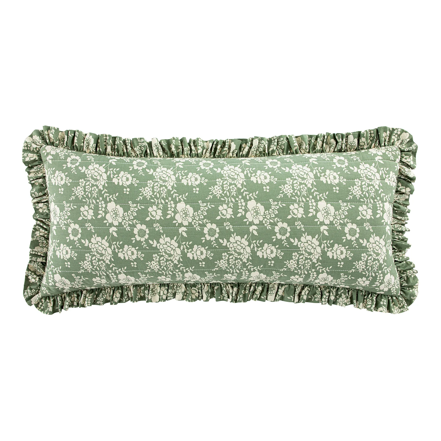 Willow Sage Green & Ivory Floral Ruffle Lumbar Cushion - Image 2