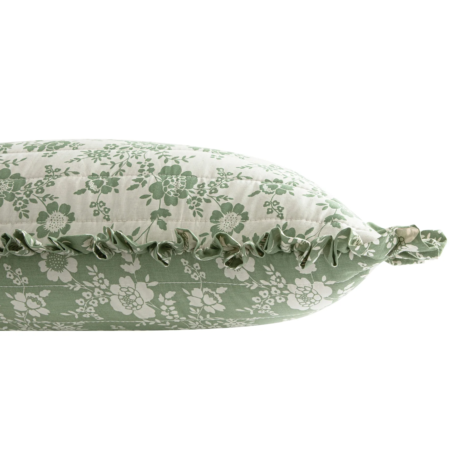 Willow Sage Green & Ivory Floral Ruffle Lumbar Cushion - Image 3