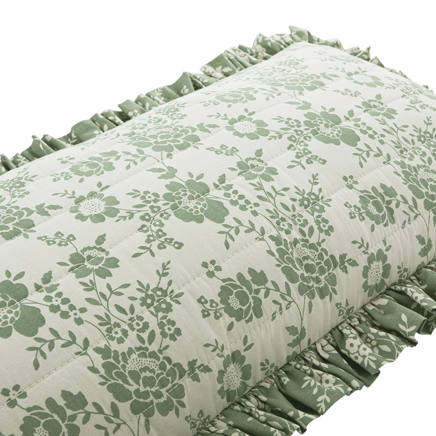 Willow Sage Green & Ivory Floral Ruffle Lumbar Cushion - Image 4