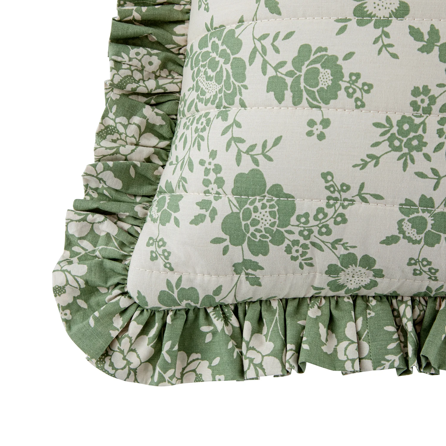 Willow Sage Green & Ivory Floral Ruffle Lumbar Cushion - Image 5