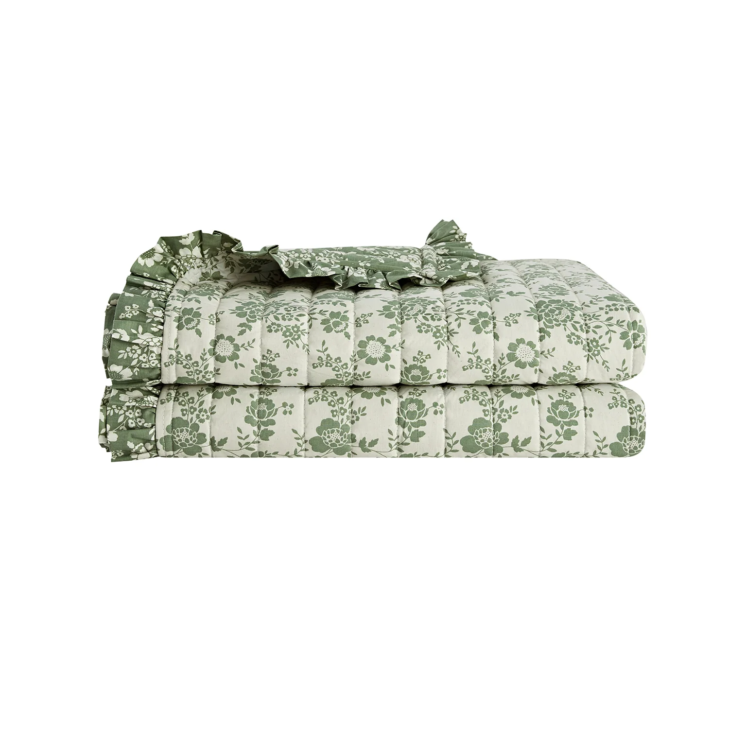 Willow Sage Green & Ivory Floral Ruffle Quilted Reversible Cotton Bedspread - Image 2