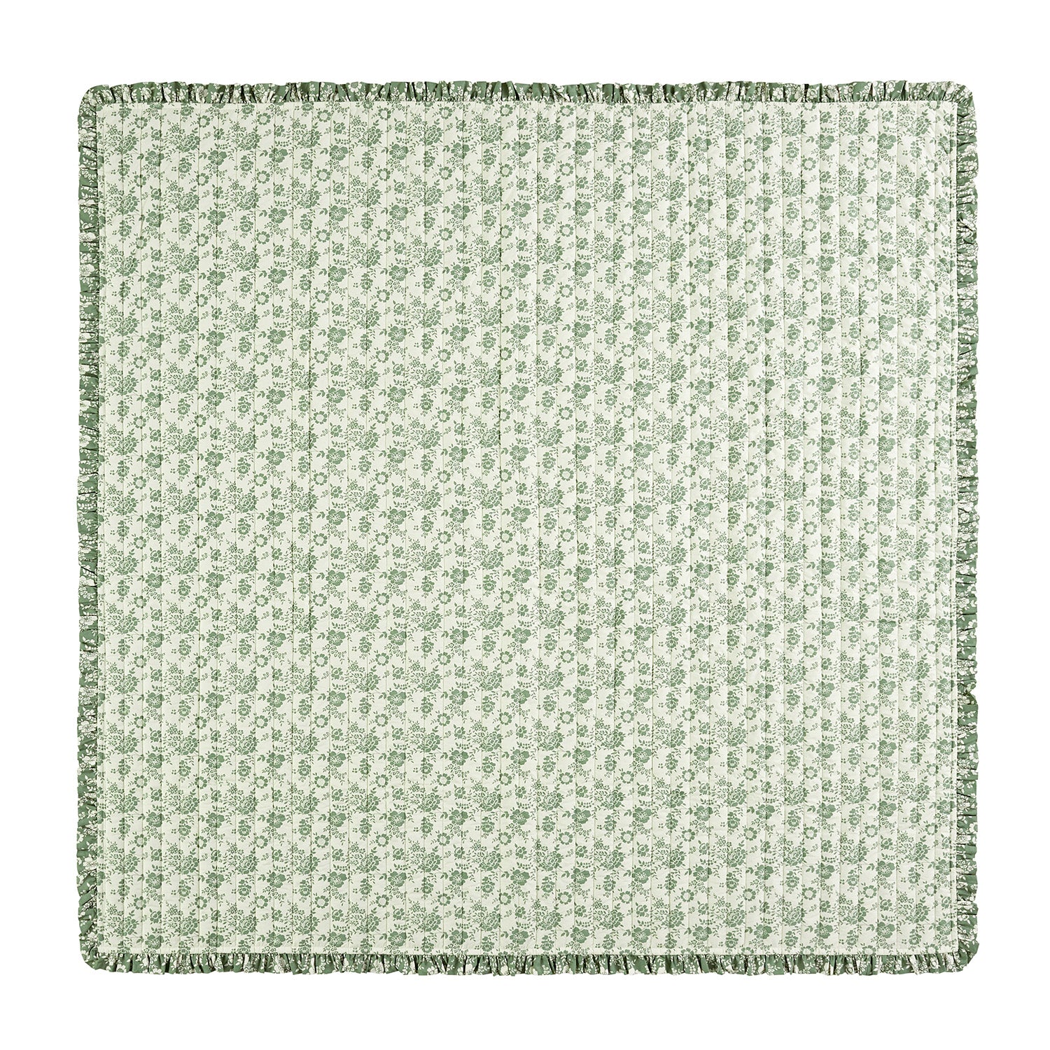 Willow Sage Green & Ivory Floral Ruffle Quilted Reversible Cotton Bedspread - Image 3