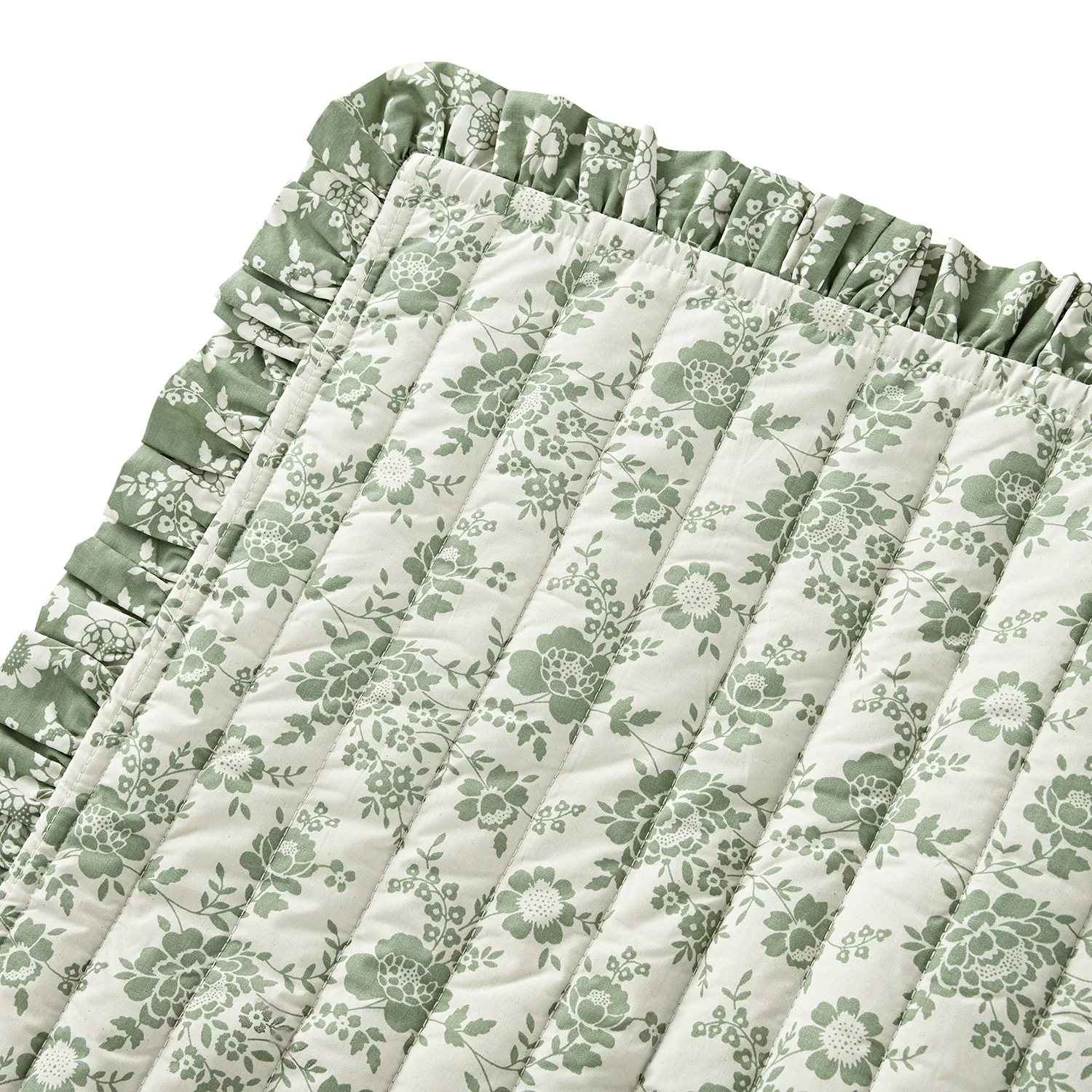 Willow Sage Green & Ivory Floral Ruffle Quilted Reversible Cotton Bedspread - Image 6