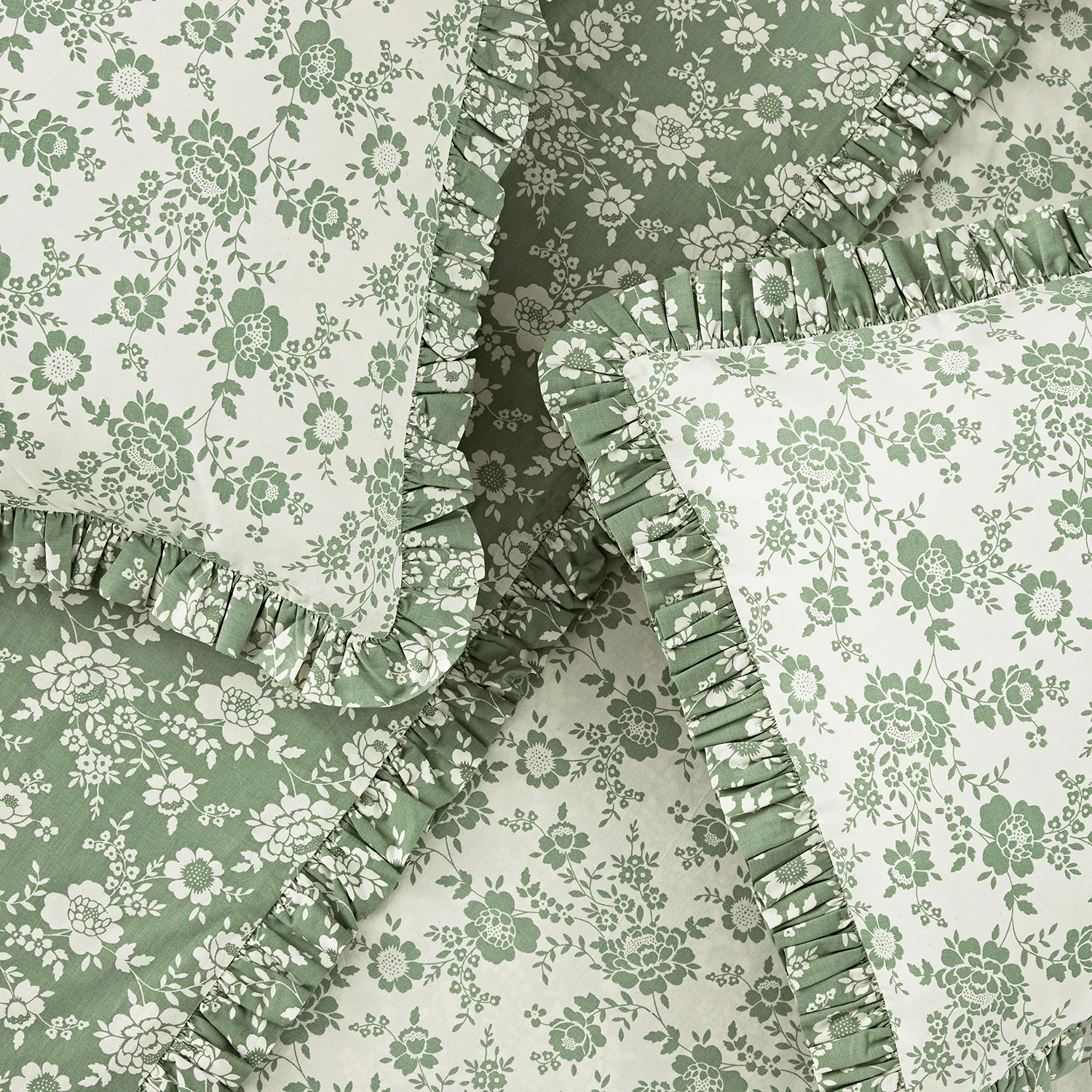 Willow Sage Green & Ivory Floral Ruffle Reversible 210TC Cotton Percale Duvet Set - Image 4