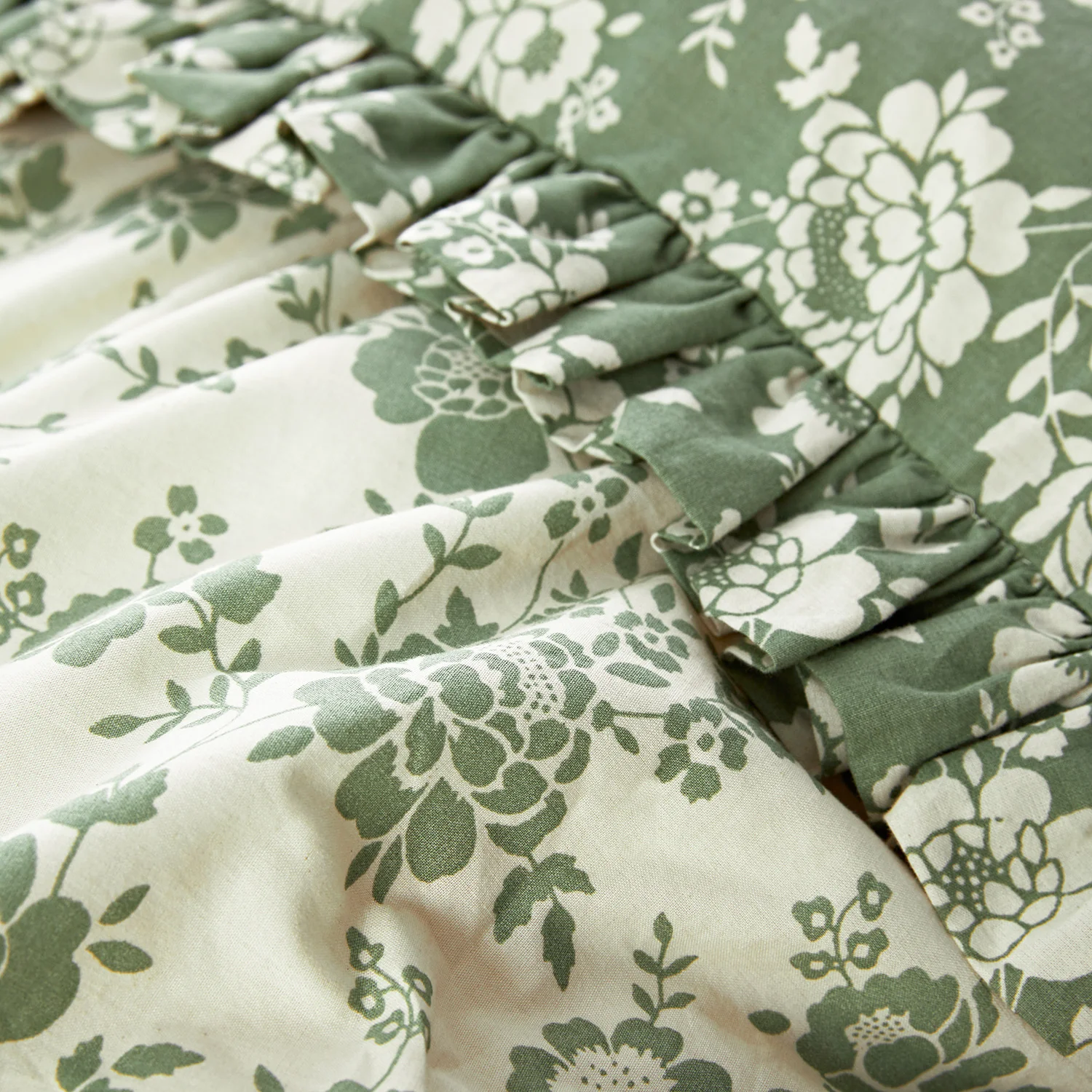 Willow Sage Green & Ivory Floral Ruffle Reversible 210TC Cotton Percale Duvet Set - Image 5