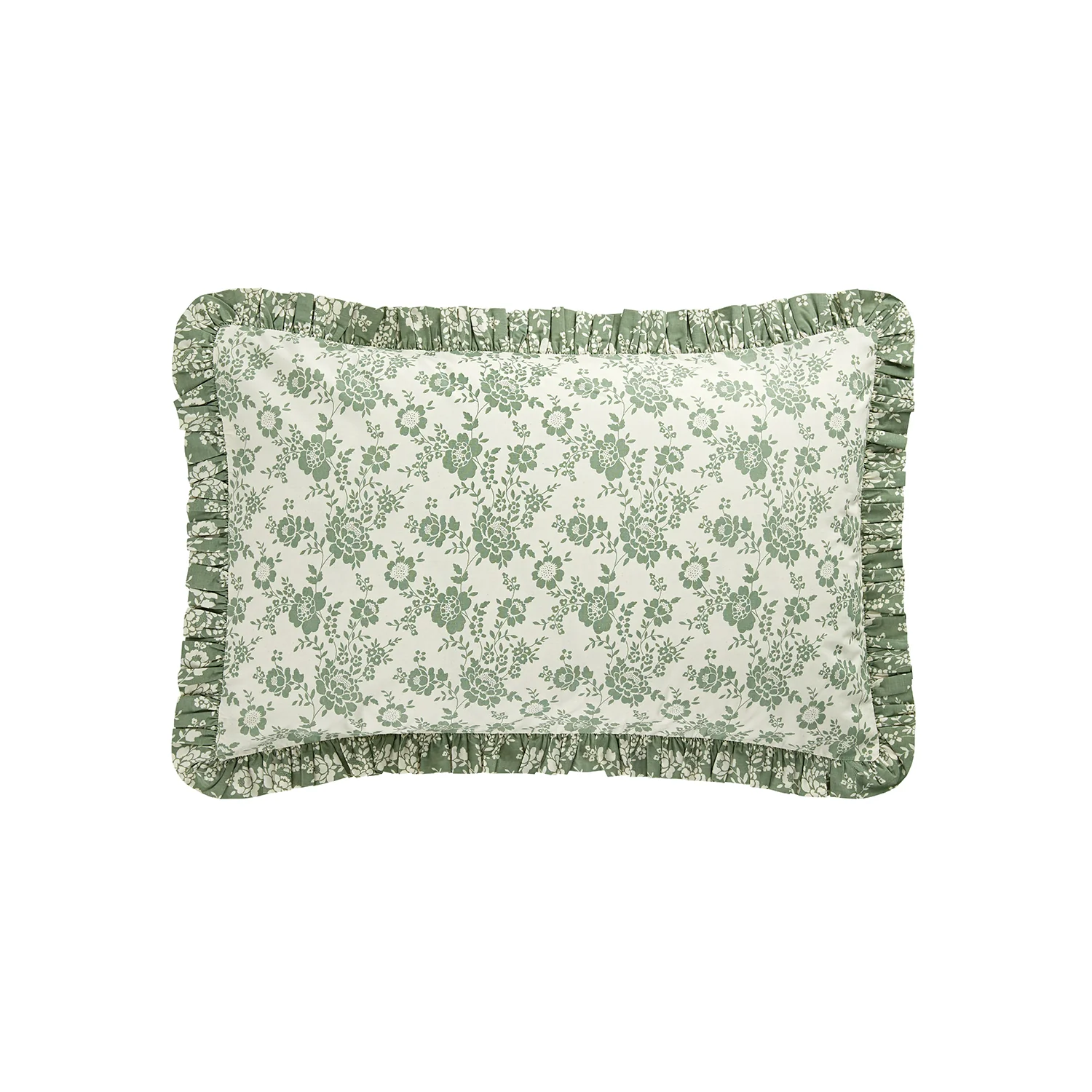 Willow Sage Green & Ivory Floral Ruffle Reversible 210 Thread Count Cotton Percale Pillowcases - Pair - Image 3