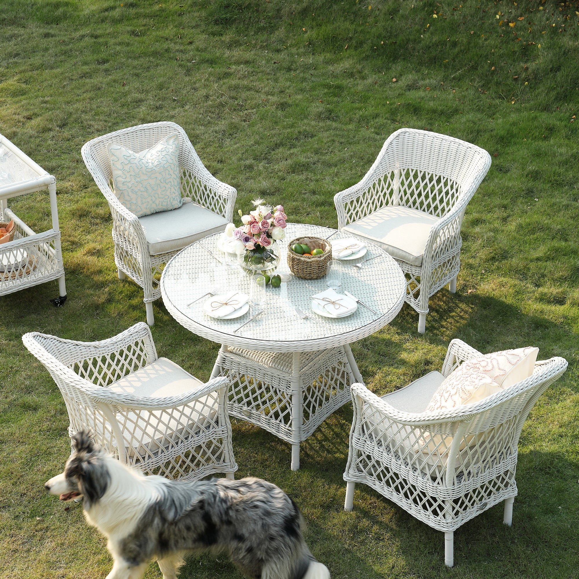 Willowbrook Lattice Weave Rattan 4-Seater Round Dining Set, White - Image 2