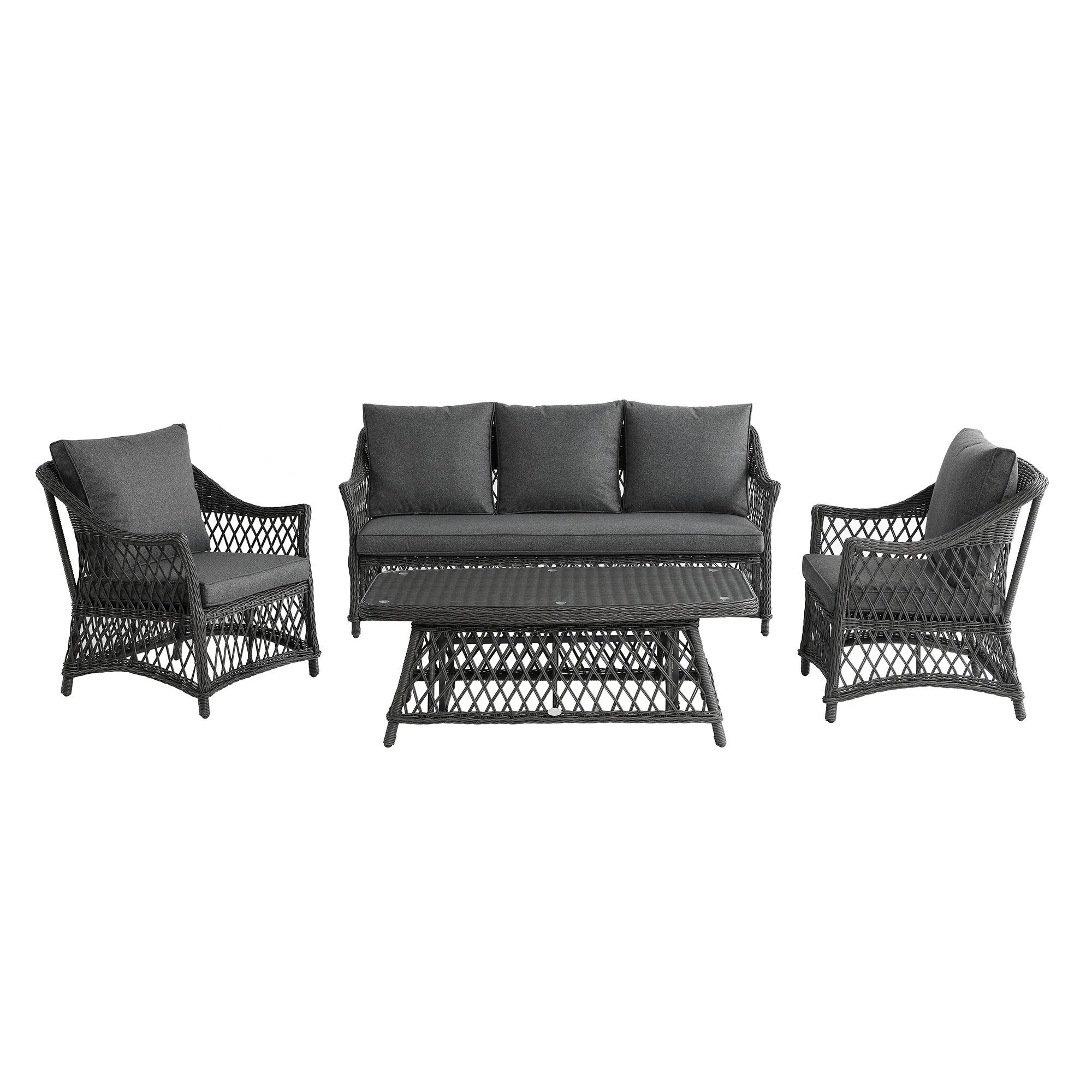 Willowbrook Lattice Weave Rattan 5-Seater Sofa Set with Rising Table, Dark Grey - Image 12