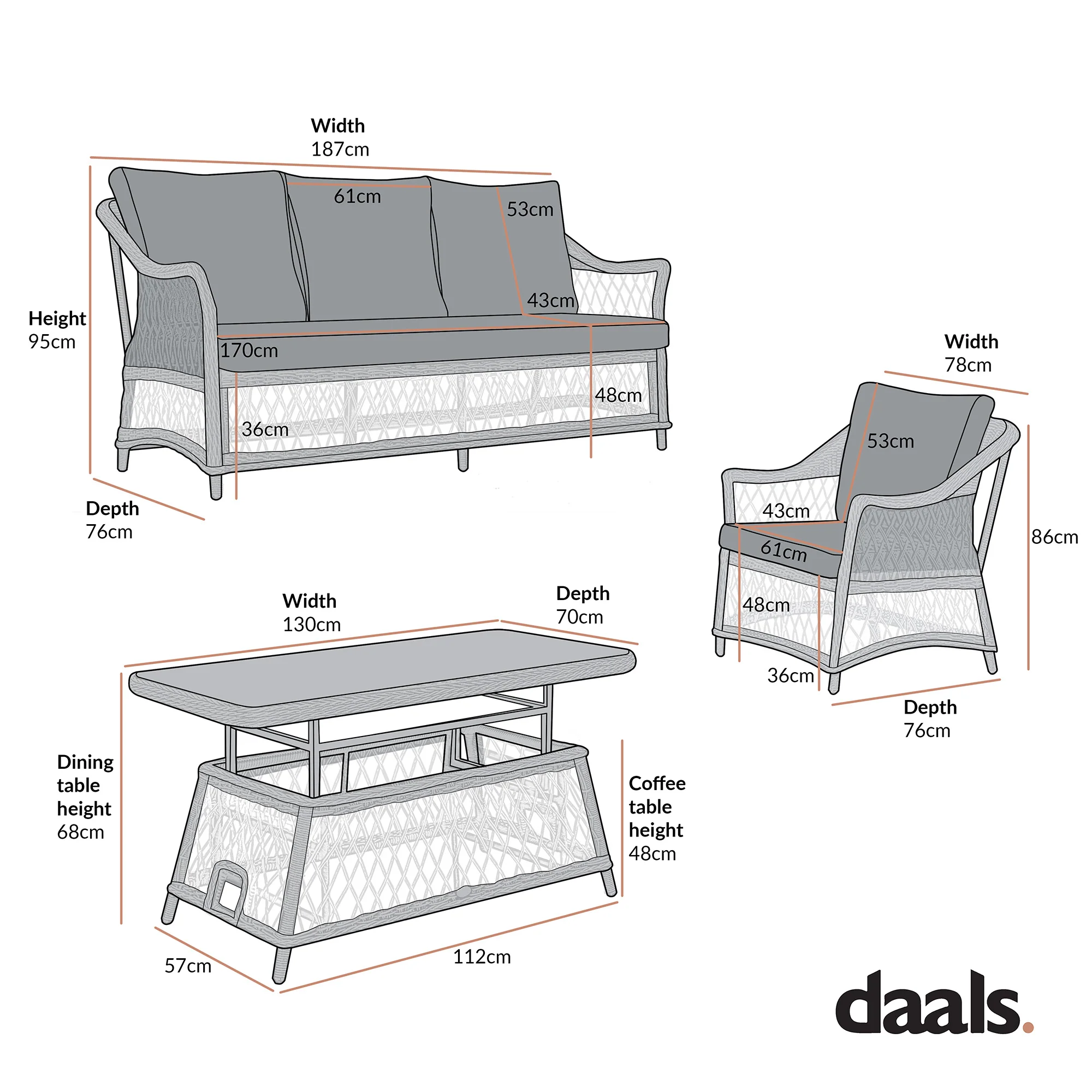 Willowbrook Lattice Weave Rattan 5-Seater Sofa Set with Rising Table, Dark Grey - Image 13