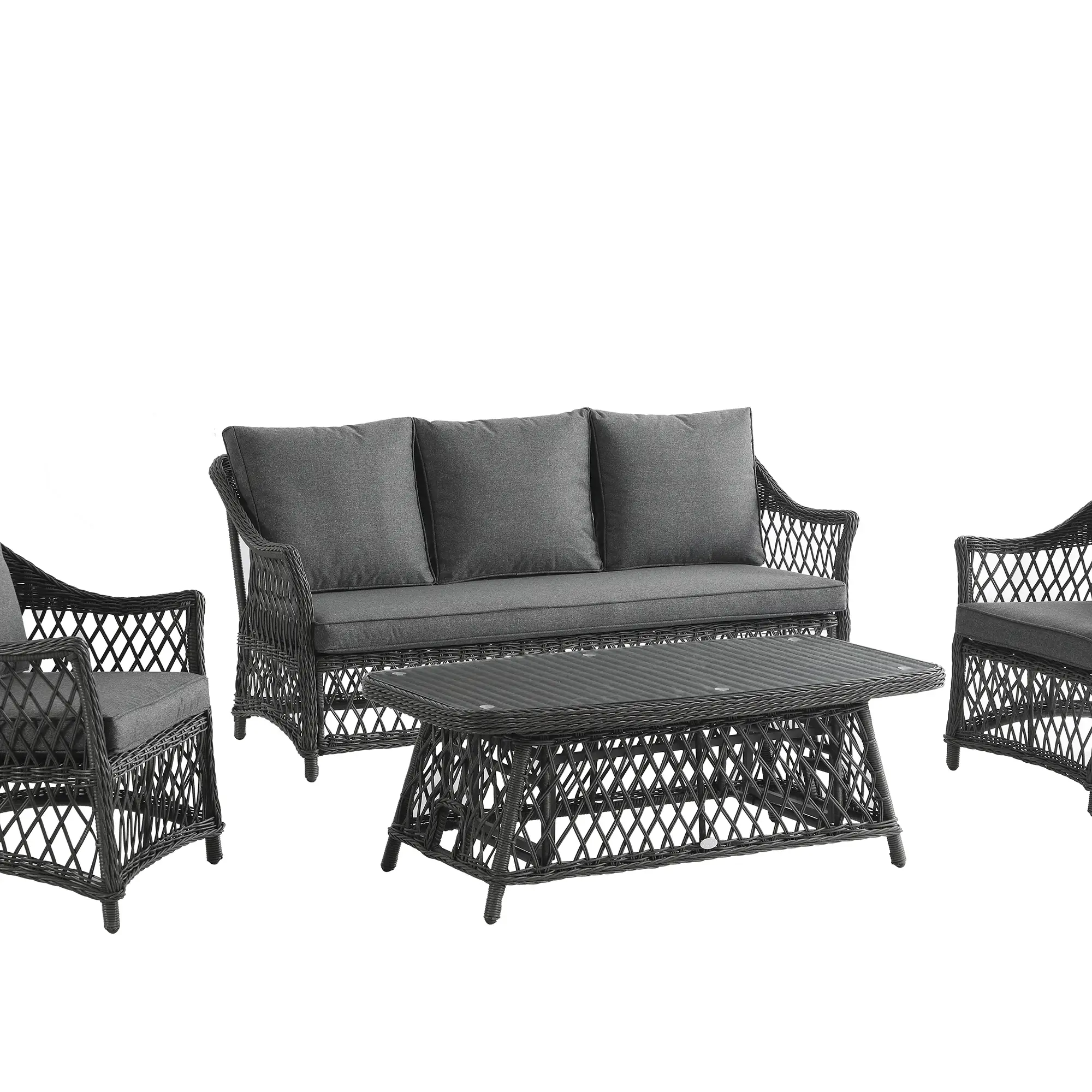 Willowbrook Lattice Weave Rattan 5-Seater Sofa Set with Rising Table, Dark Grey - Image 14