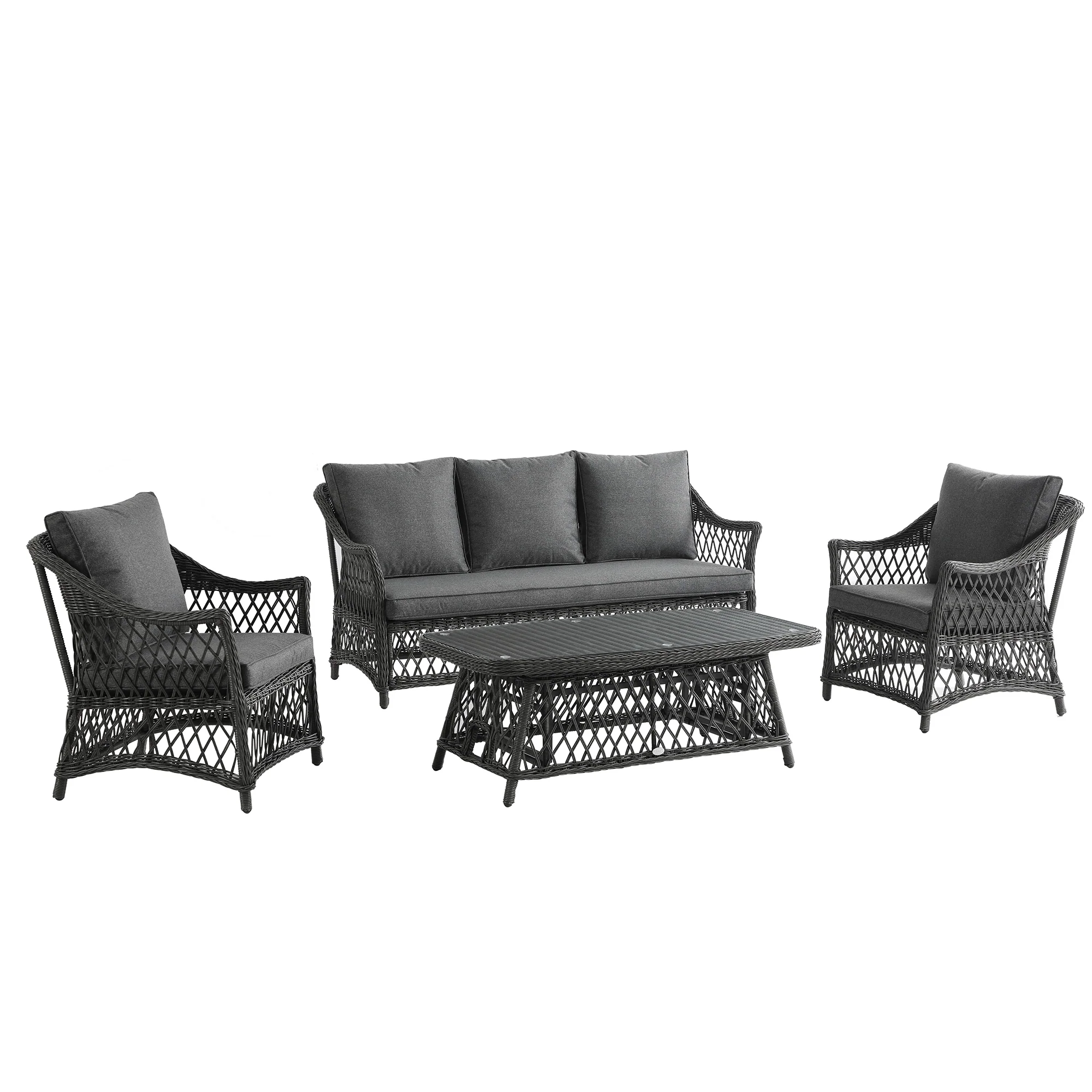 Willowbrook Lattice Weave Rattan 5-Seater Sofa Set with Rising Table, Dark Grey - Image 15