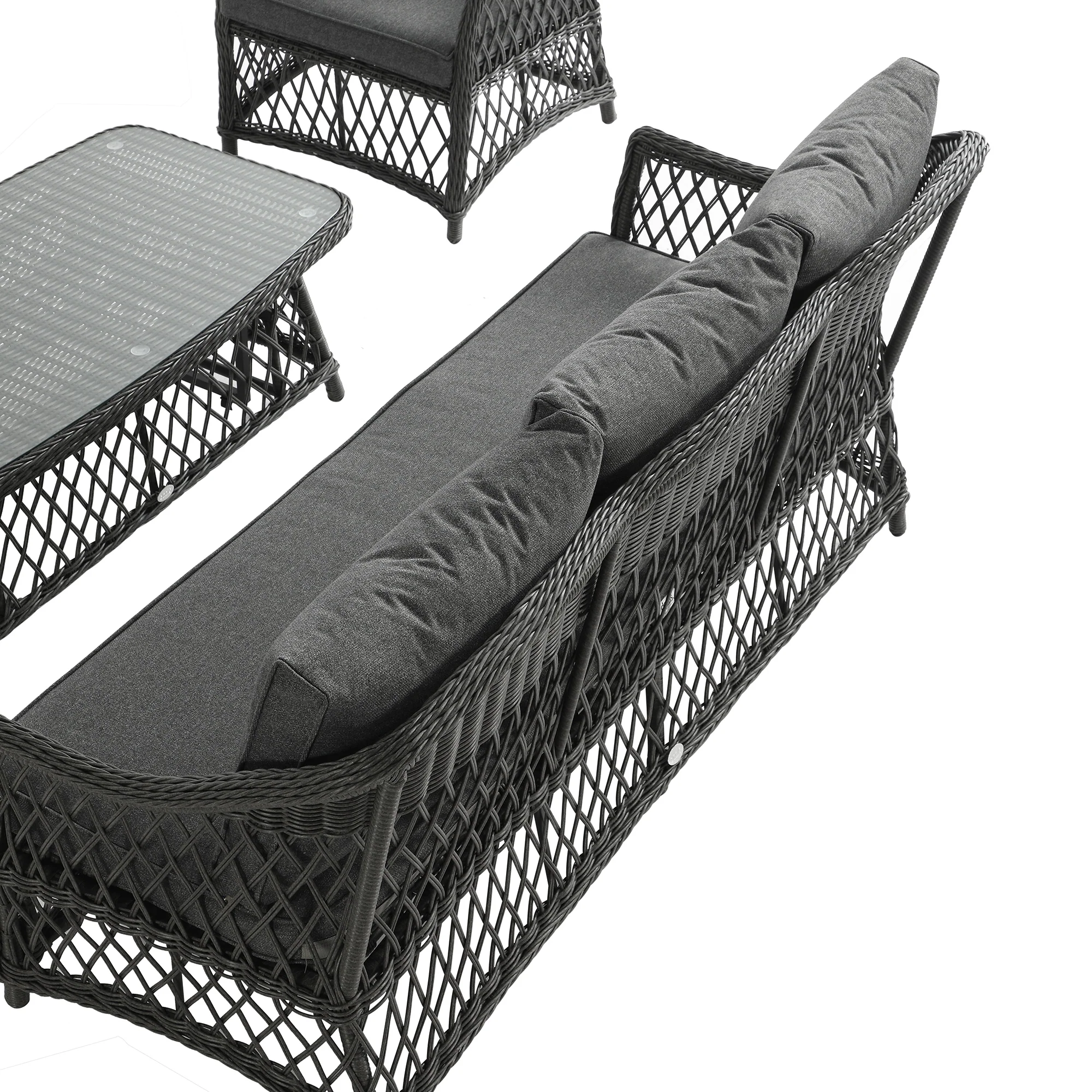 Willowbrook Lattice Weave Rattan 5-Seater Sofa Set with Rising Table, Dark Grey - Image 22