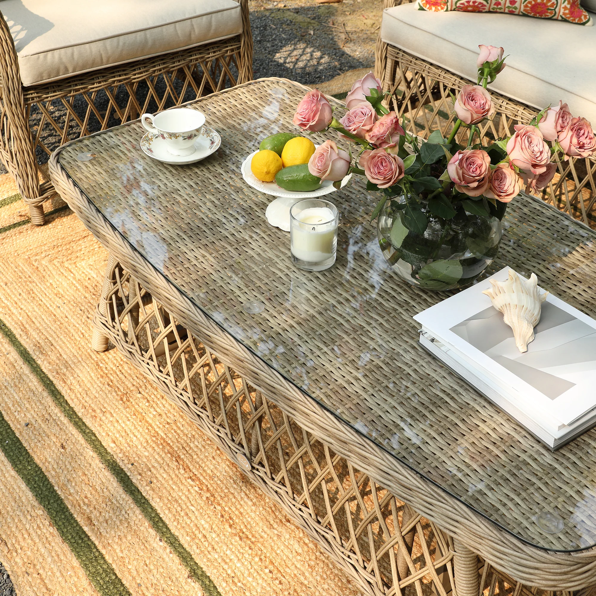 Willowbrook Lattice Weave Rattan 5-Seater Sofa Set with Rising Table, Natural - Image 13