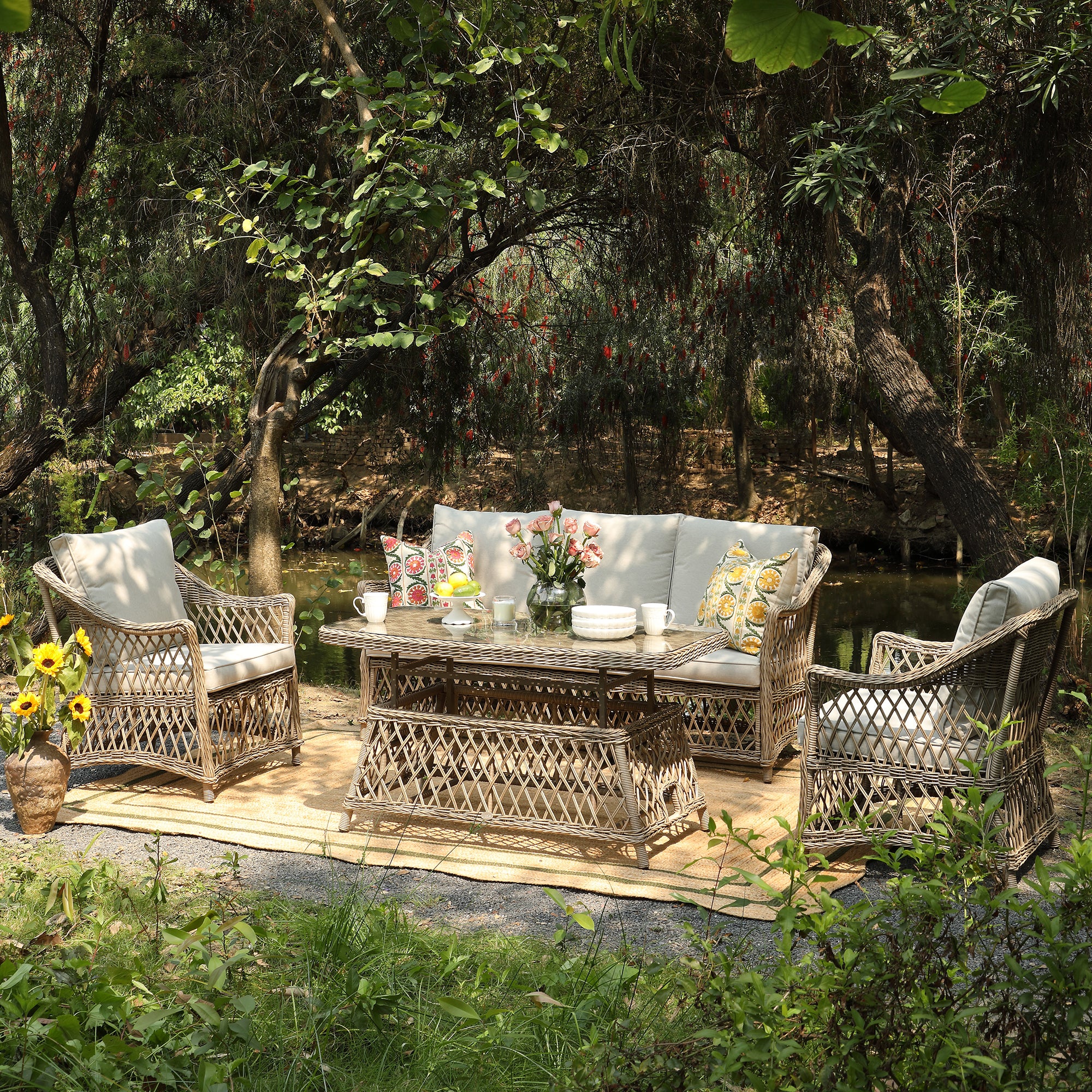 Willowbrook Lattice Weave Rattan 5-Seater Sofa Set with Rising Table, Natural - Image 4