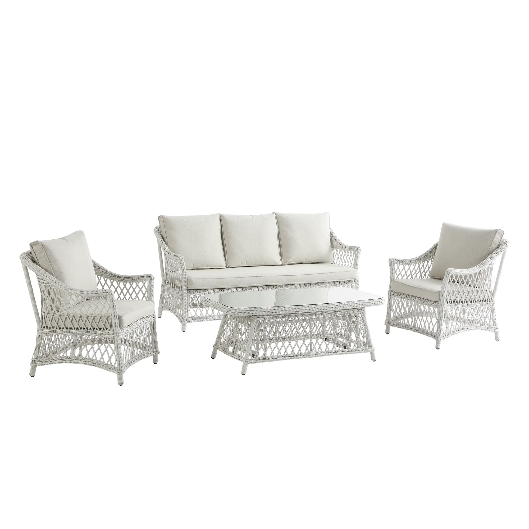 Willowbrook Lattice Weave Rattan 5-Seater Sofa Set with Rising Table, White - Image 18